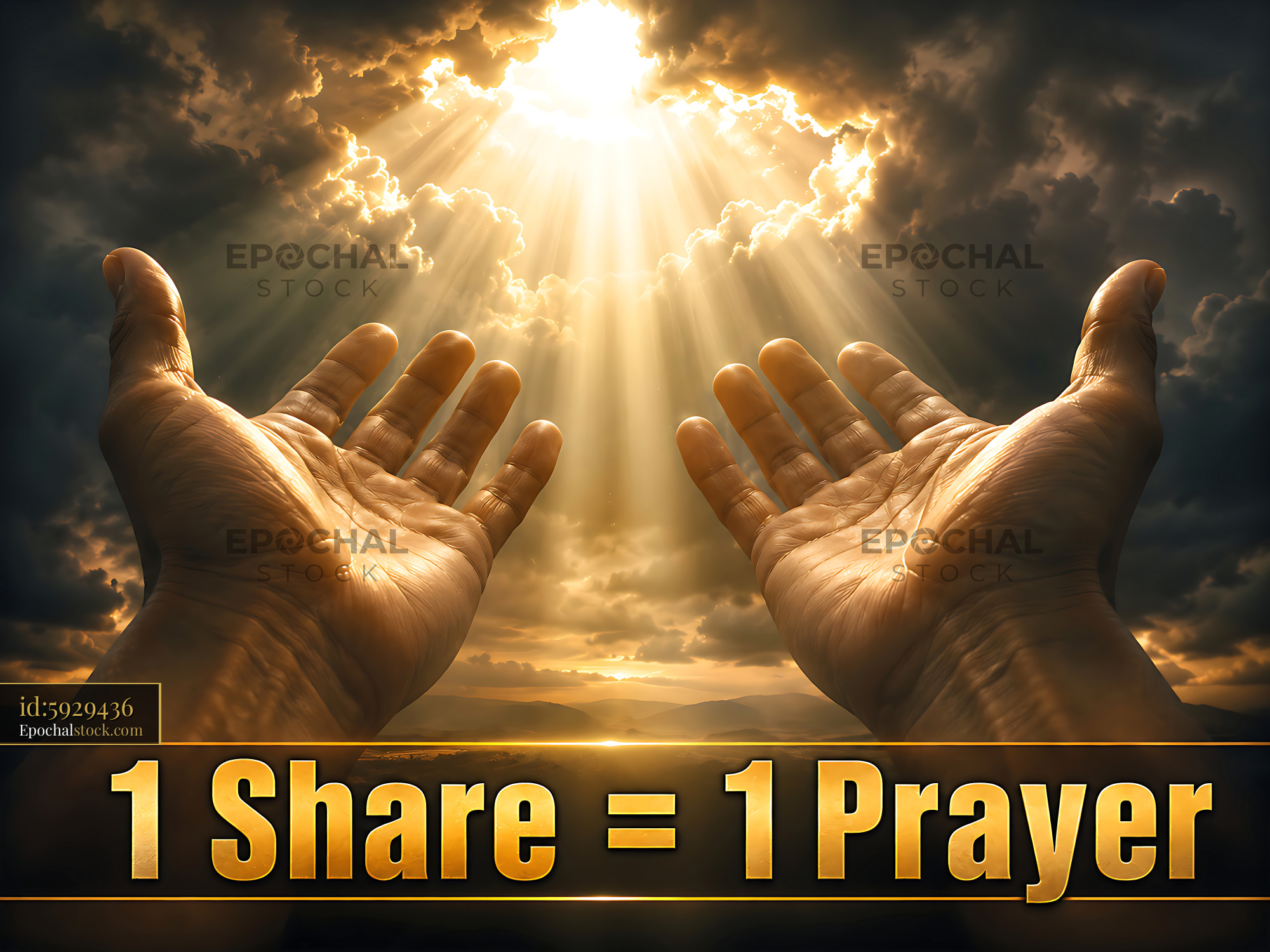 Watermarked full-resolution preview of Hands reaching towards light with message about sharing prayers