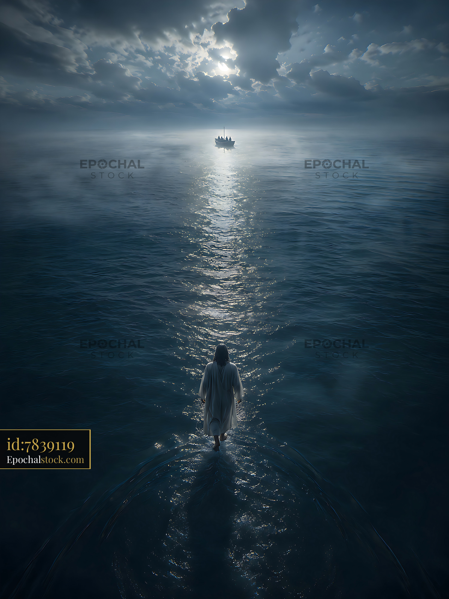 Watermarked full-resolution preview of Figure walking on water towards a distant boat