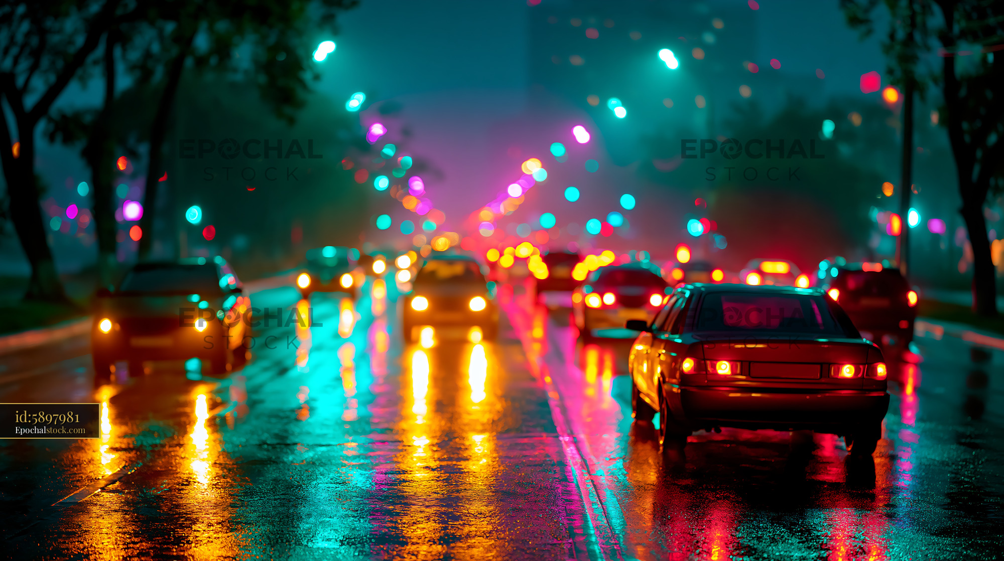 Watermarked full-resolution preview of Car lights reflecting on wet street at night