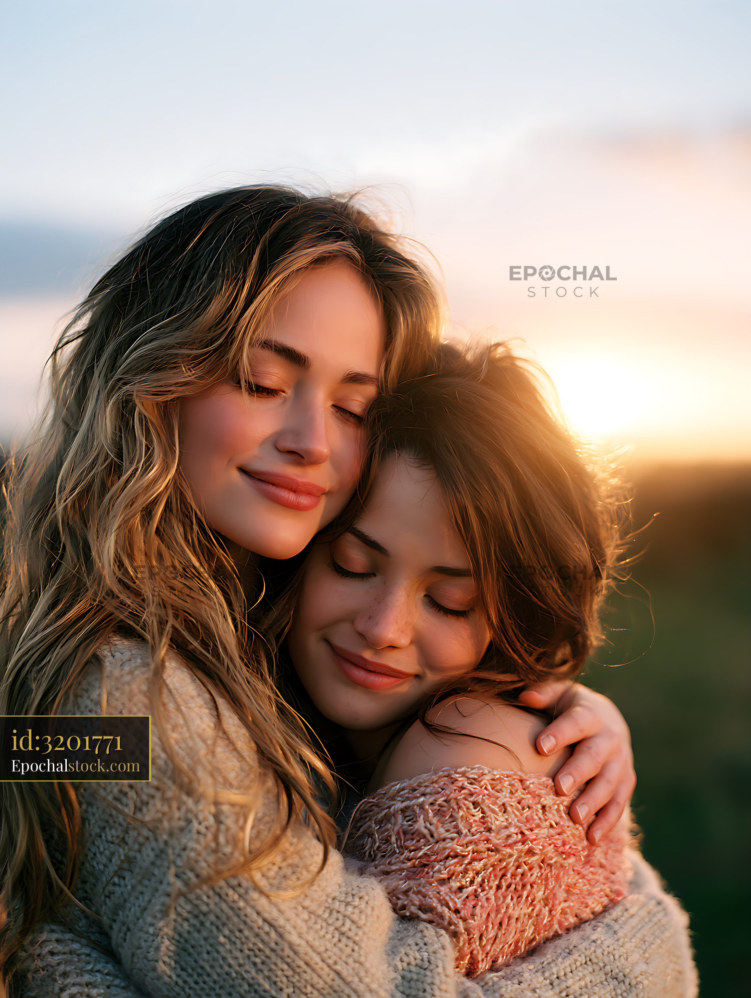 Watermarked full-resolution preview of Close portrait of two women sharing a warm embrace