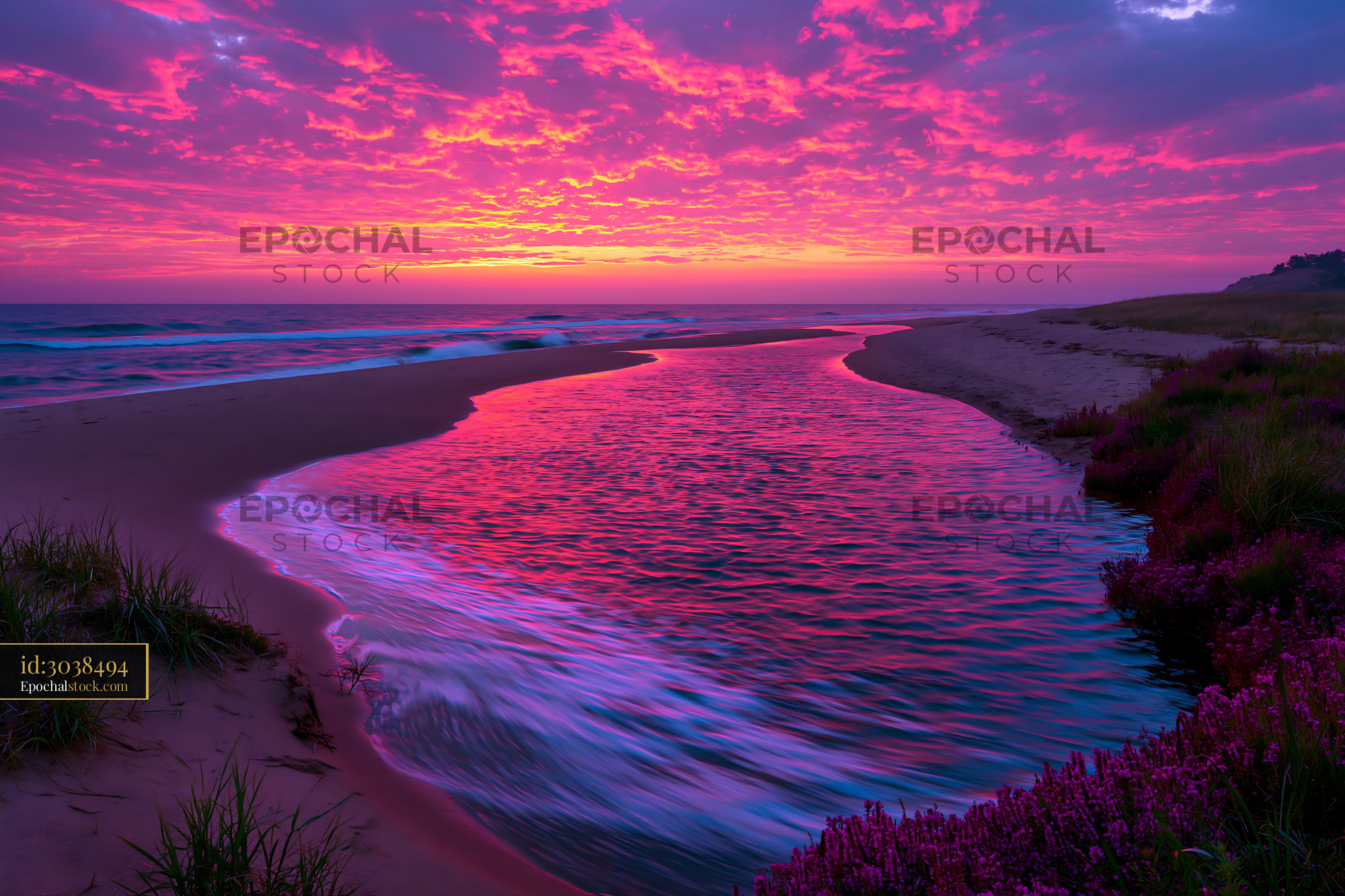 Watermarked full-resolution preview of Sunset over a beach with flowing water and colorful sky