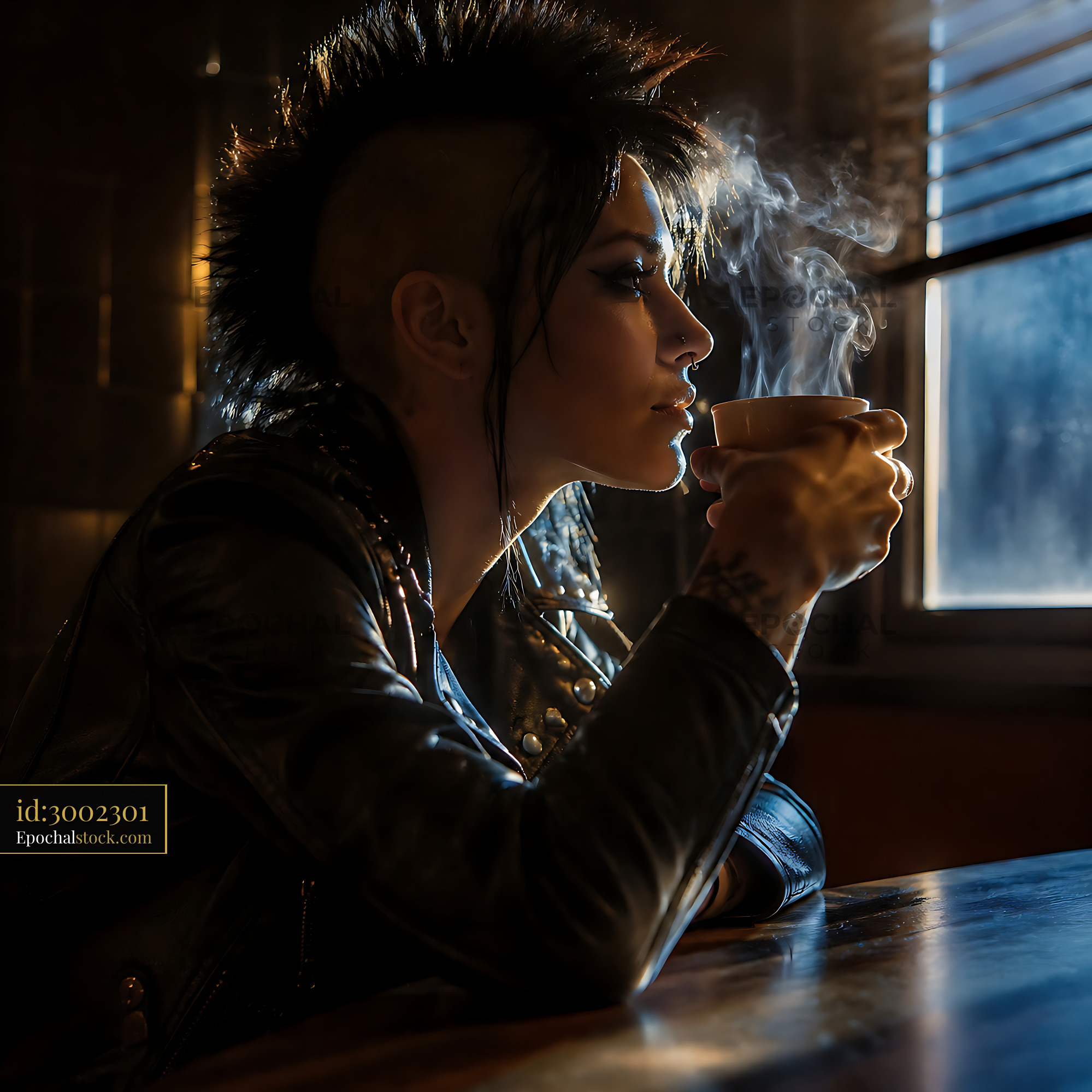 Watermarked full-resolution preview of Person sitting by window holding cup and looking outside