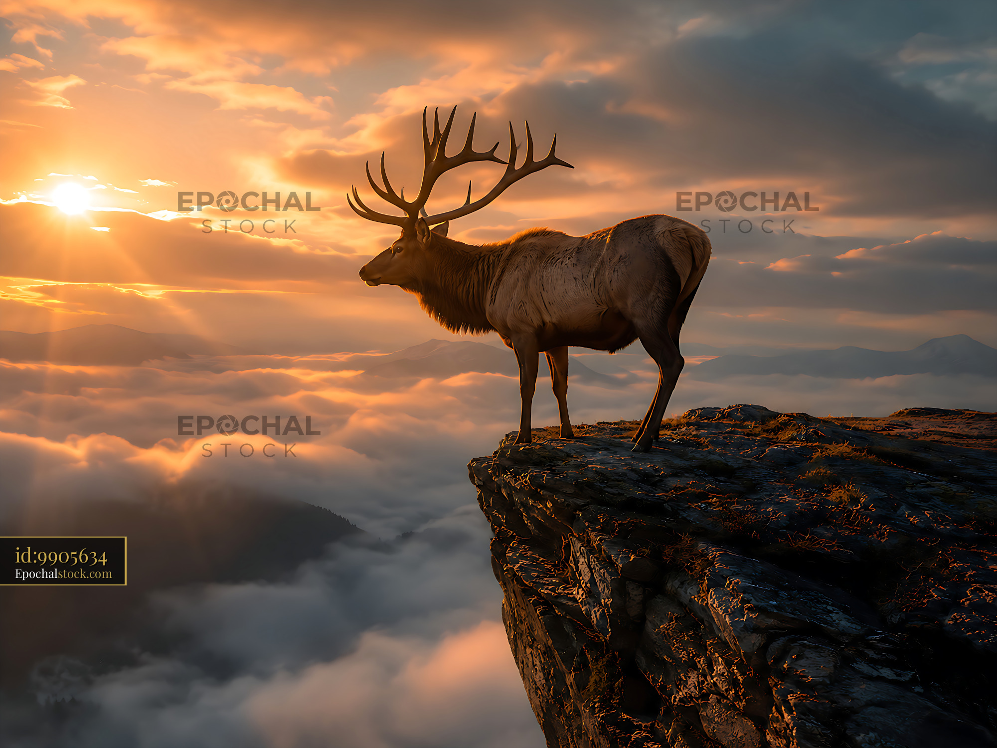 Watermarked full-resolution preview of Stag on cliff at sunrise surrounded by clouds