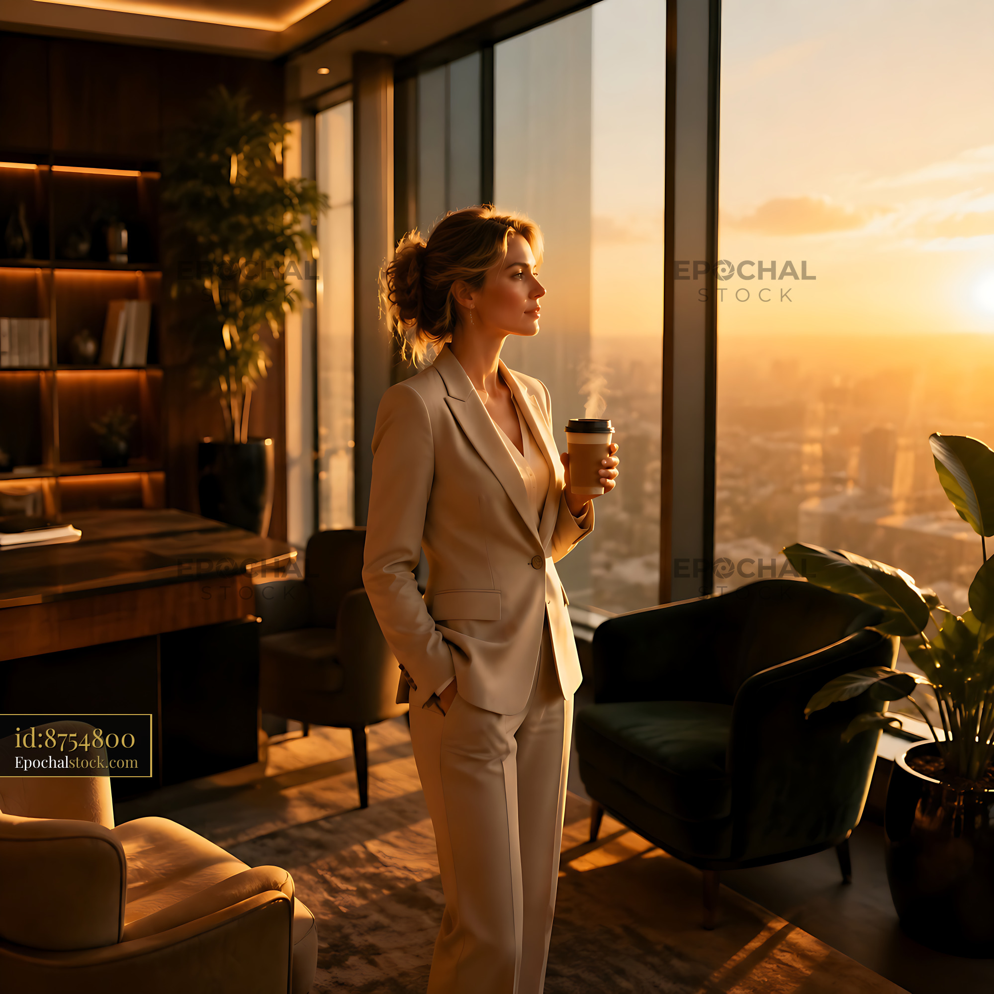 Watermarked full-resolution preview of Businesswoman enjoying morning coffee with city view