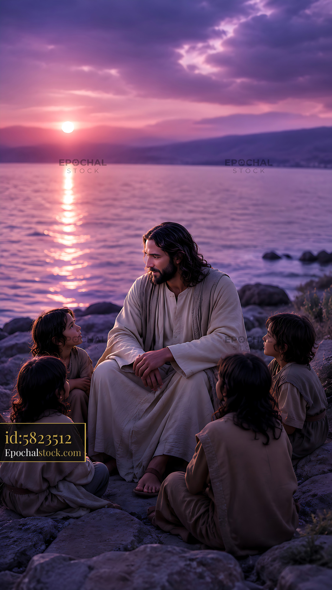 Watermarked full-resolution preview of Jesus teaching children by the lakeside at sunset
