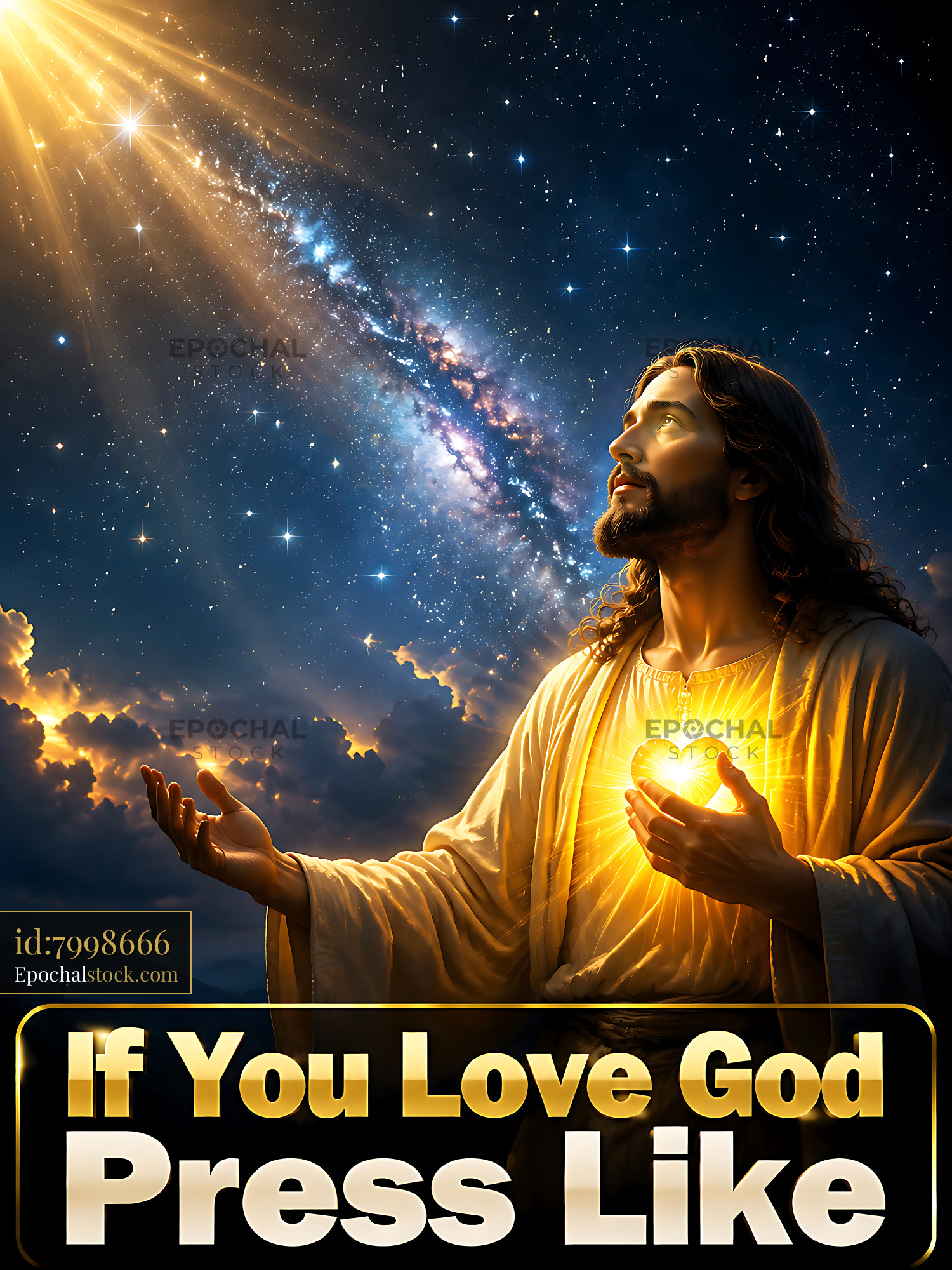 Jesus Holds a Glowing Heart Under Stars and Galaxies in the Night Sky - stock photo