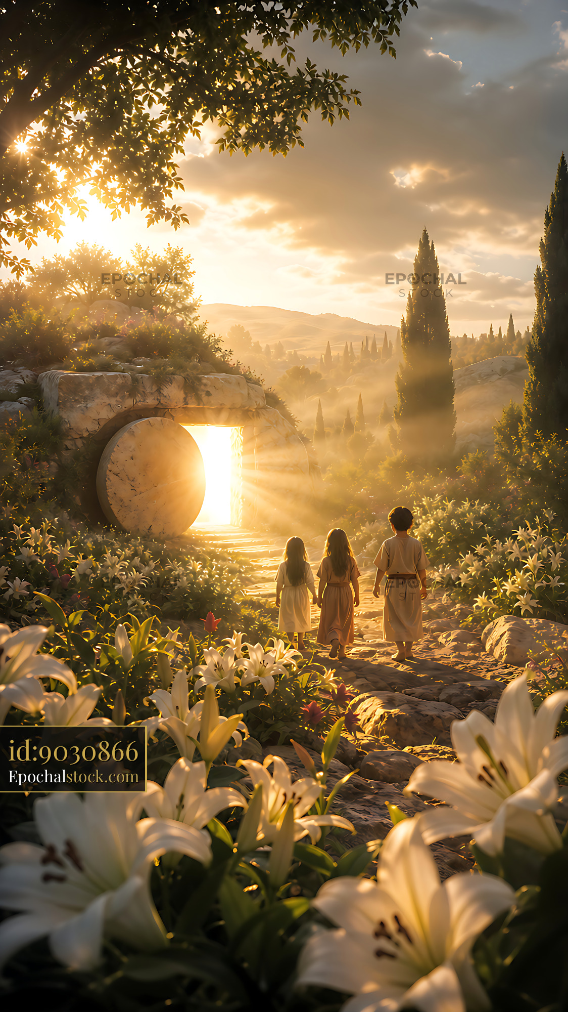 Children Walking Towards an Open Tomb in a Flower-Filled Field - stock photo