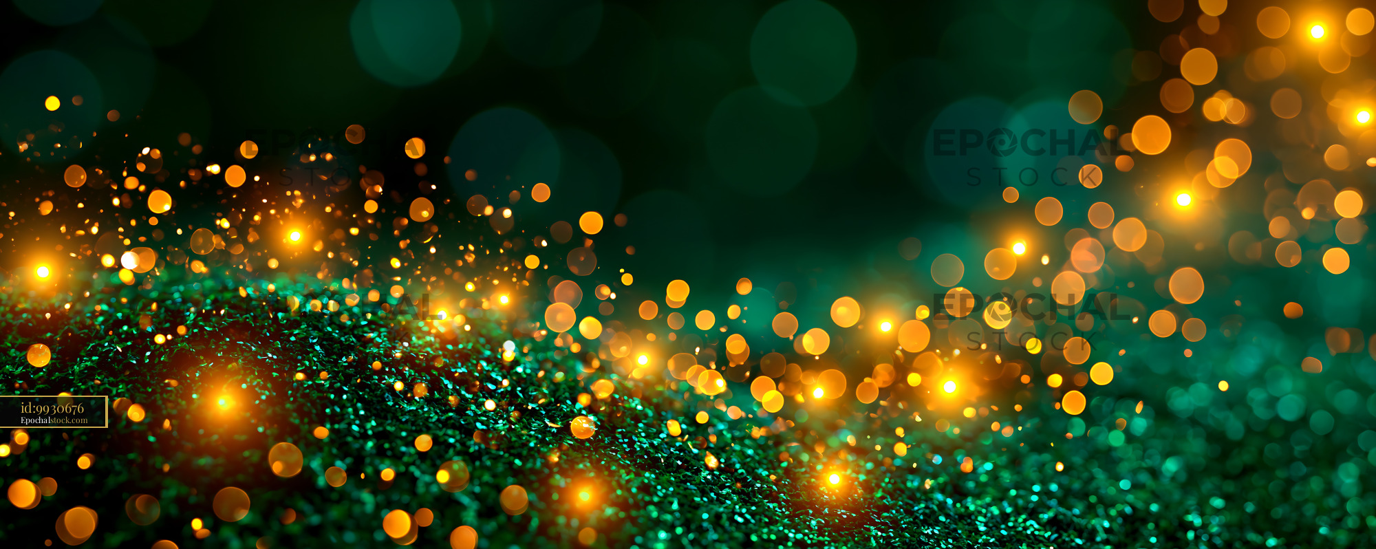 Watermarked full-resolution preview of Glowing golden bokeh on green abstract background