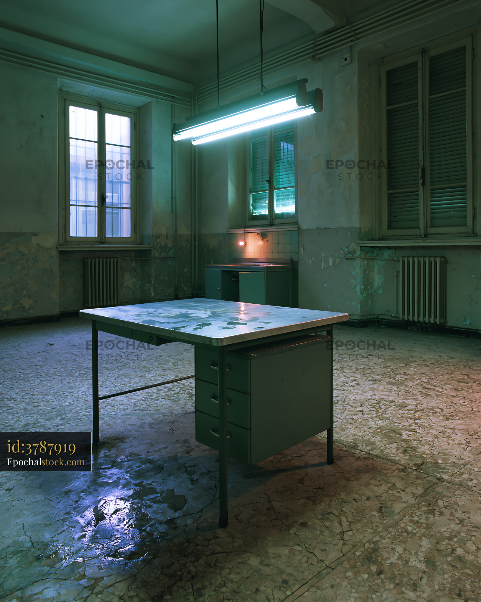 Watermarked full-resolution preview of Old office space with a table and fluorescent lights