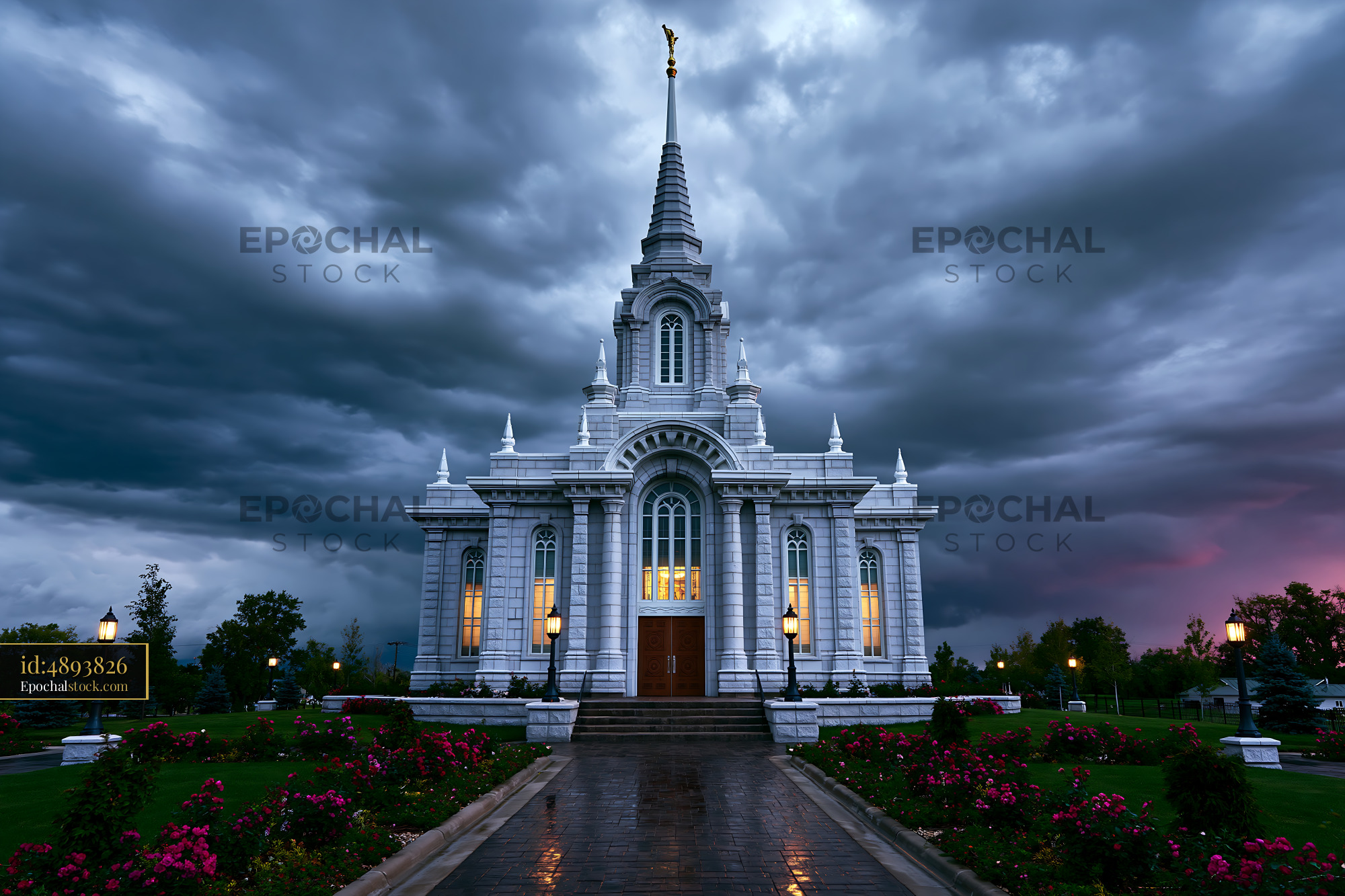Watermarked full-resolution preview of Historic church under dark stormy sky