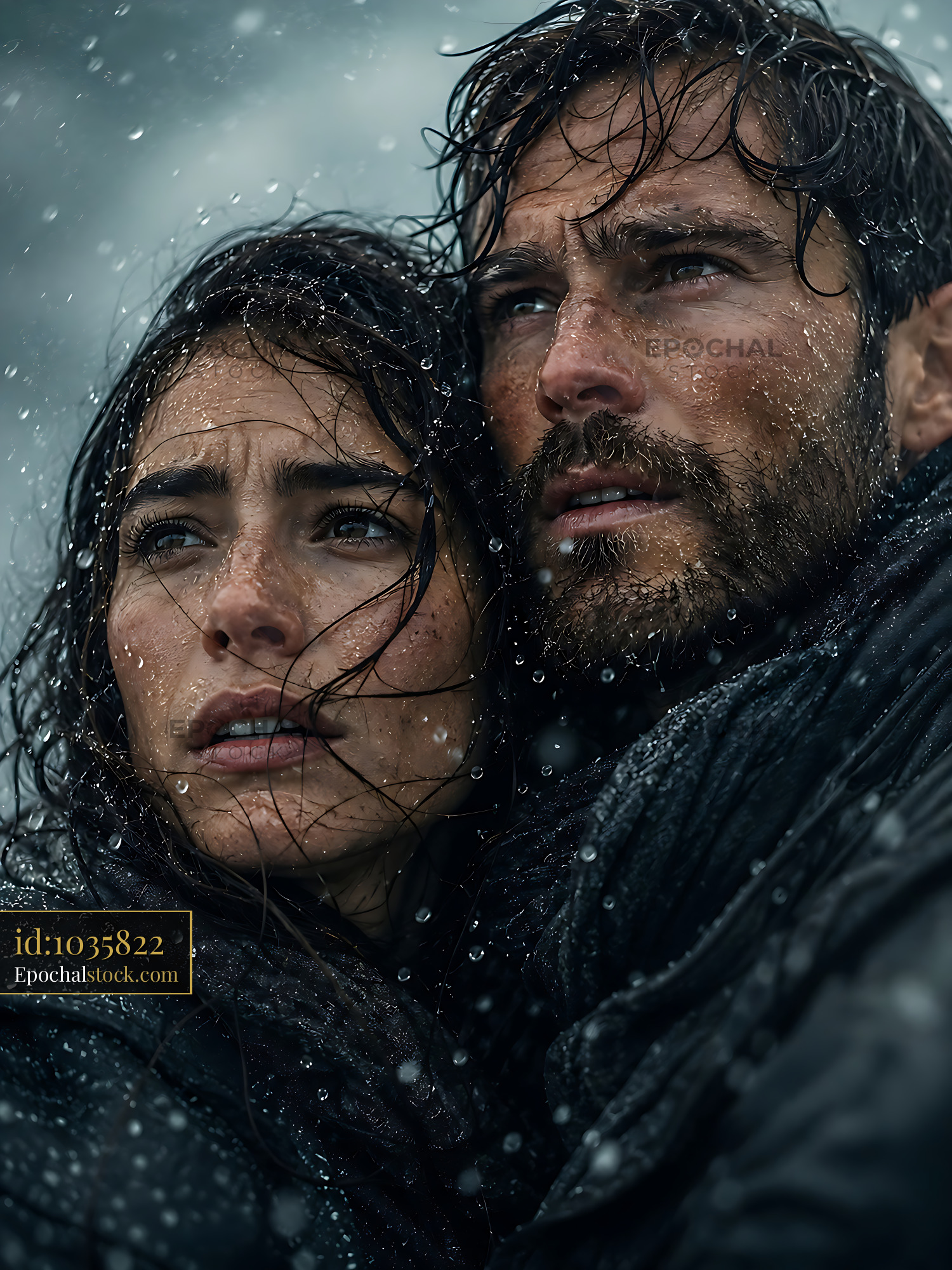 Watermarked full-resolution preview of Couple in rain with intense expressions during a storm