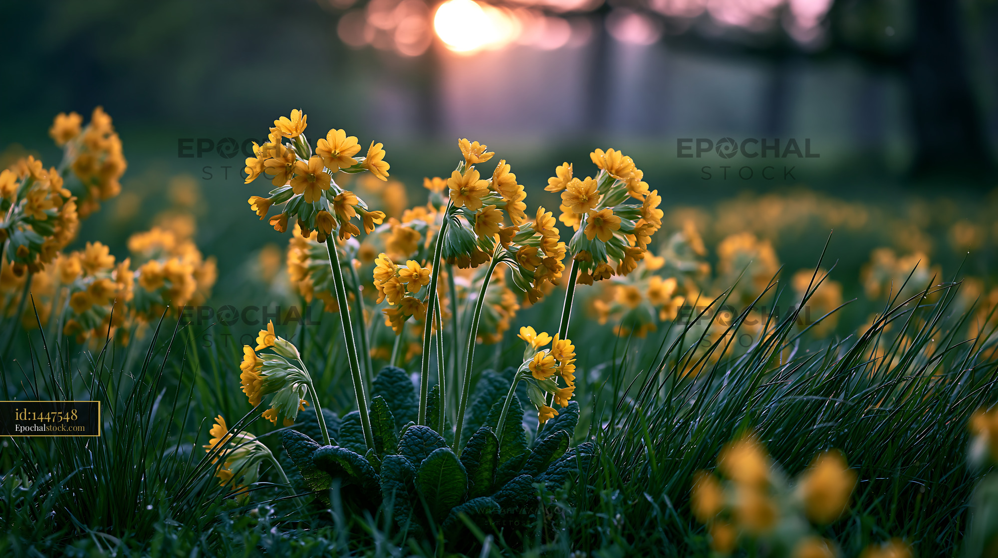 Watermarked full-resolution preview of Yellow flowers blooming in a field during sunset