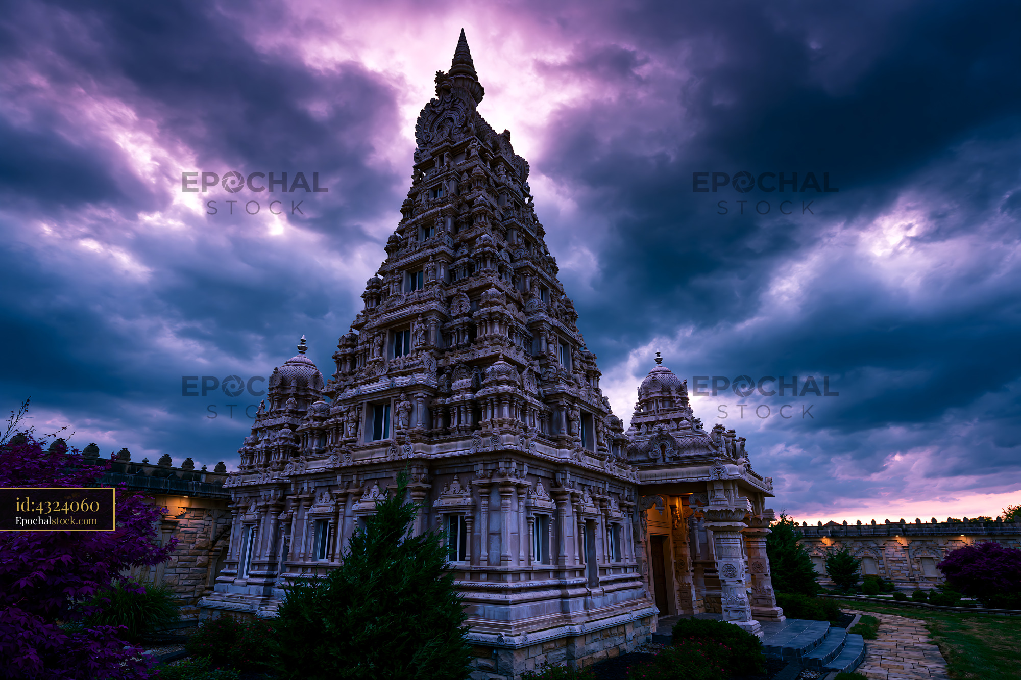Watermarked full-resolution preview of Beautiful temple structure against a dramatic sky at dusk