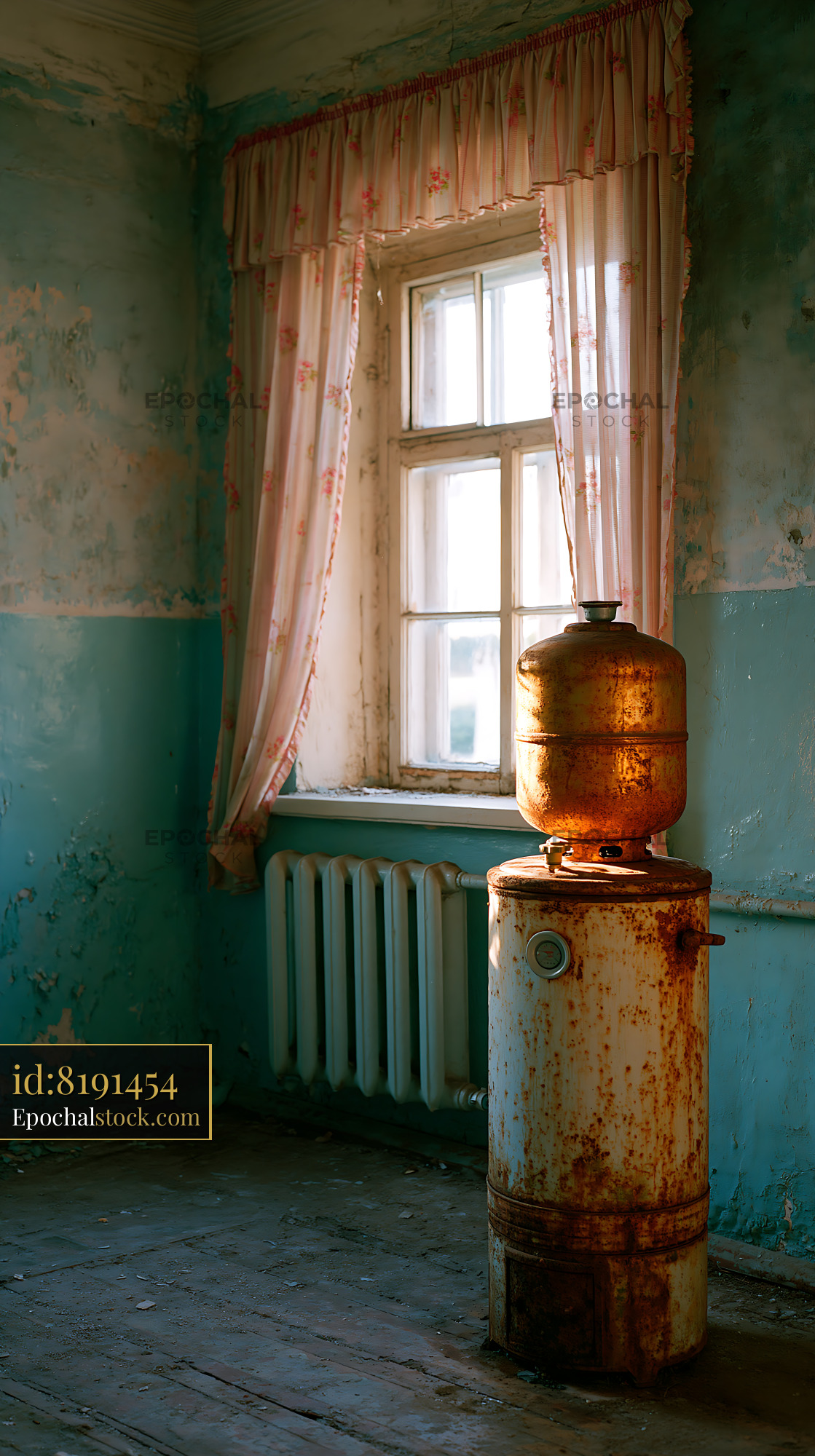 Rusty Gas Water Heater in a Run Down Kitchen With Peeling Walls - stock photo