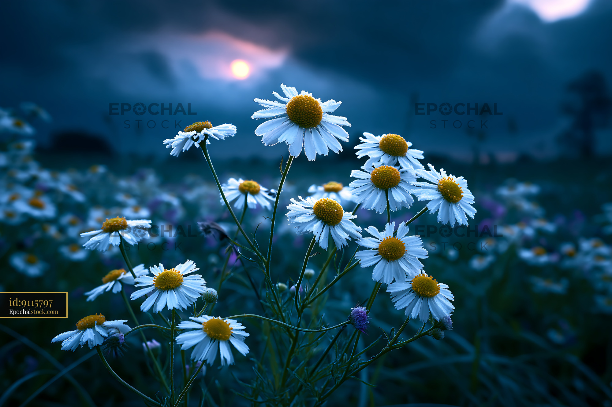 Watermarked full-resolution preview of Daisies under a cloudy sky during sunset