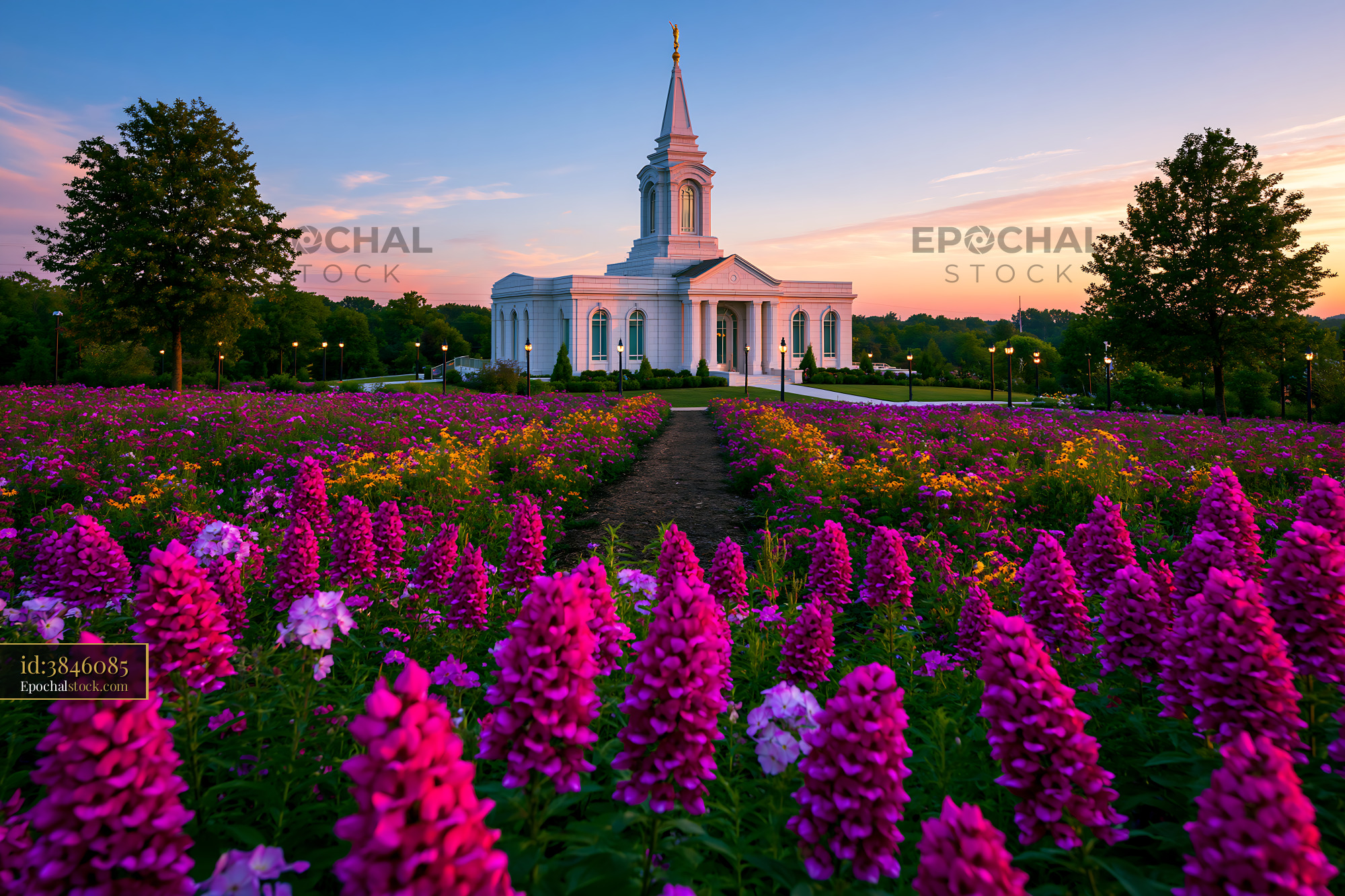 Watermarked full-resolution preview of Church surrounded by colorful flowers at sunset