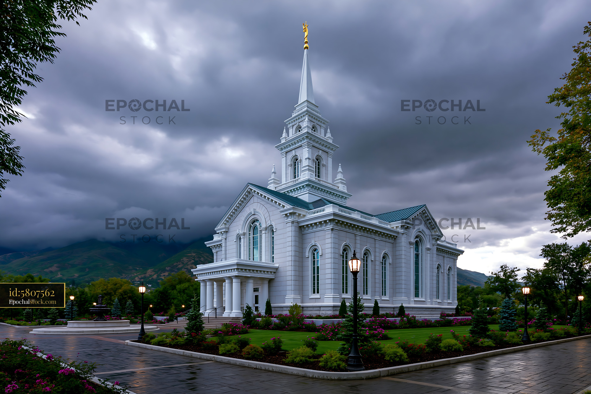 Watermarked full-resolution preview of Church building under cloudy sky in a tranquil area