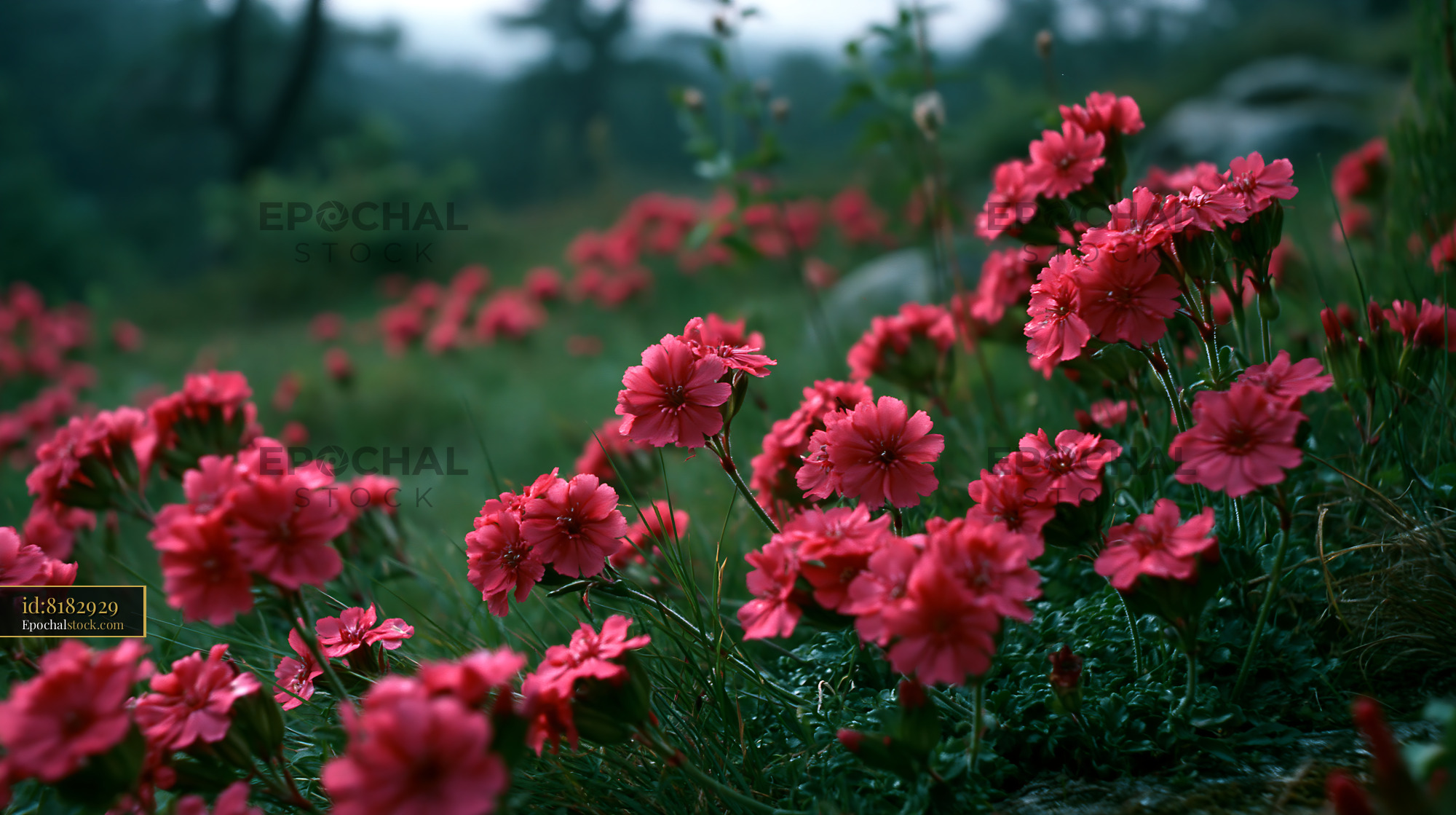 Watermarked full-resolution preview of Blooming pink flowers in a damp meadow during a foggy morning