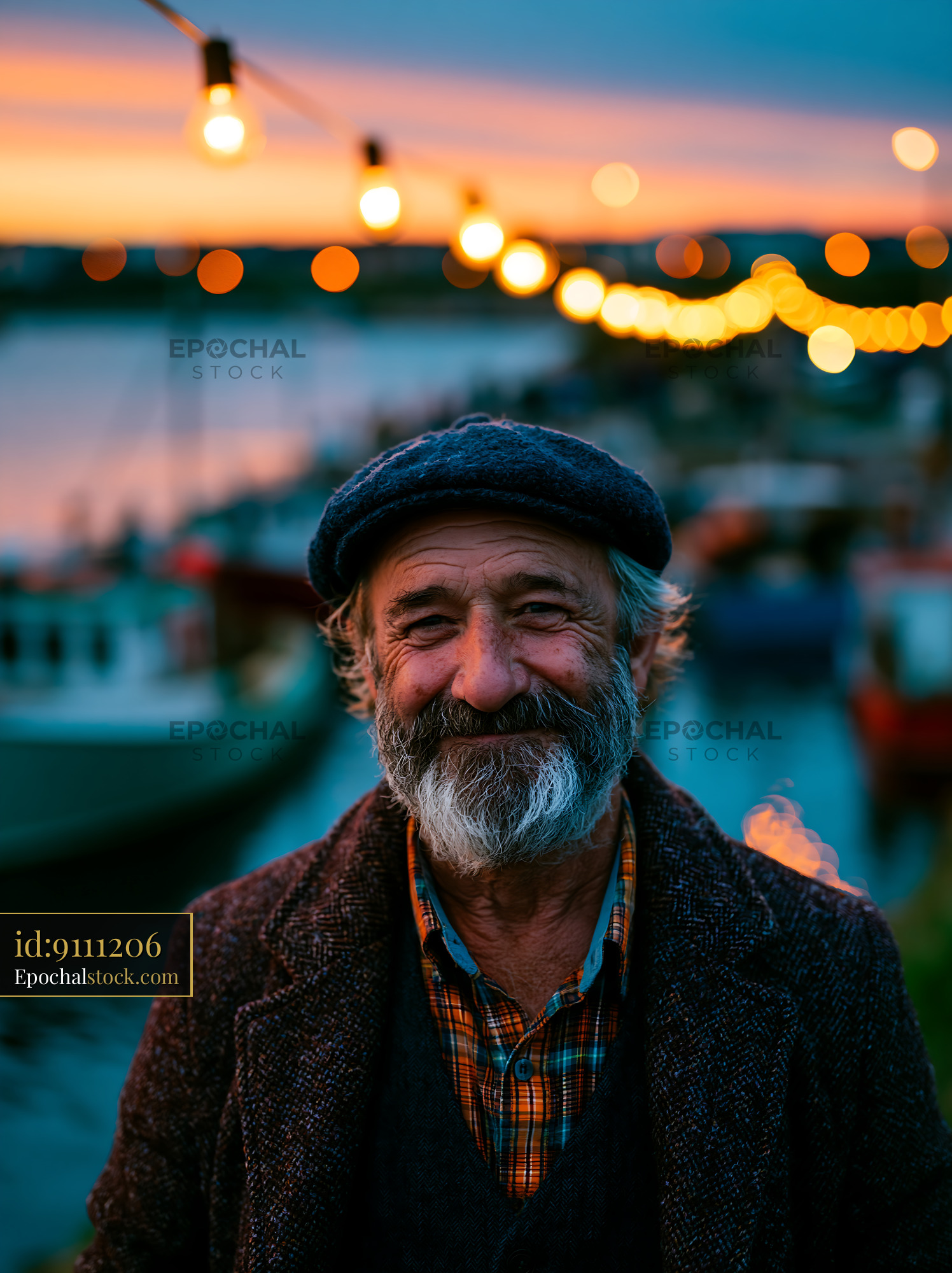 Watermarked full-resolution preview of Smiling elderly man at sunset by the water with string lights