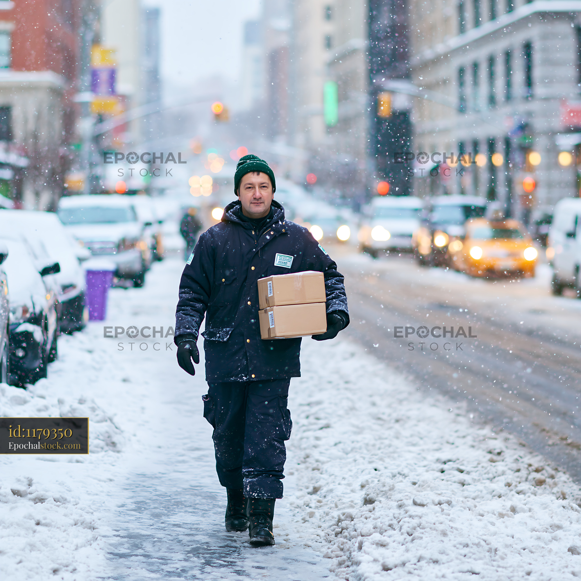 Watermarked full-resolution preview of Delivery worker walking on snowy city street