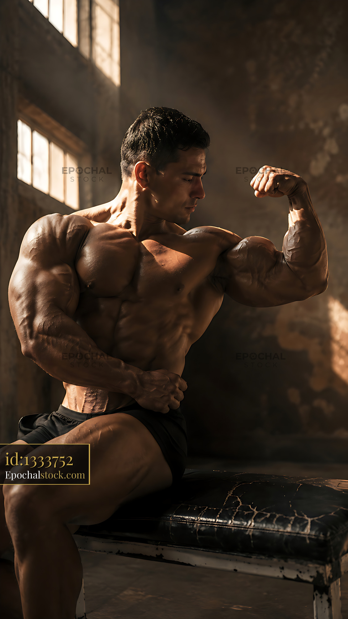 Watermarked full-resolution preview of Muscular man flexing in a dimly lit indoor space