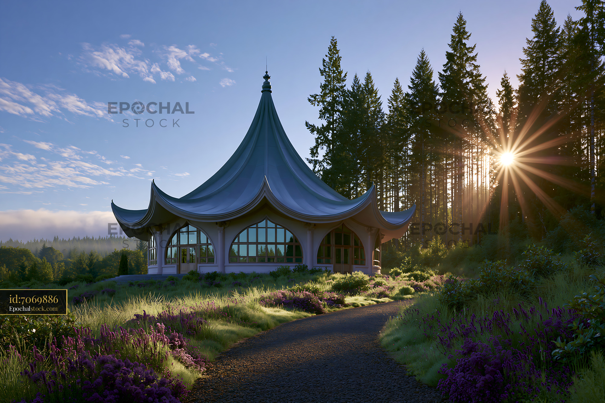 Watermarked full-resolution preview of Building in the forest with sunlight shining through trees