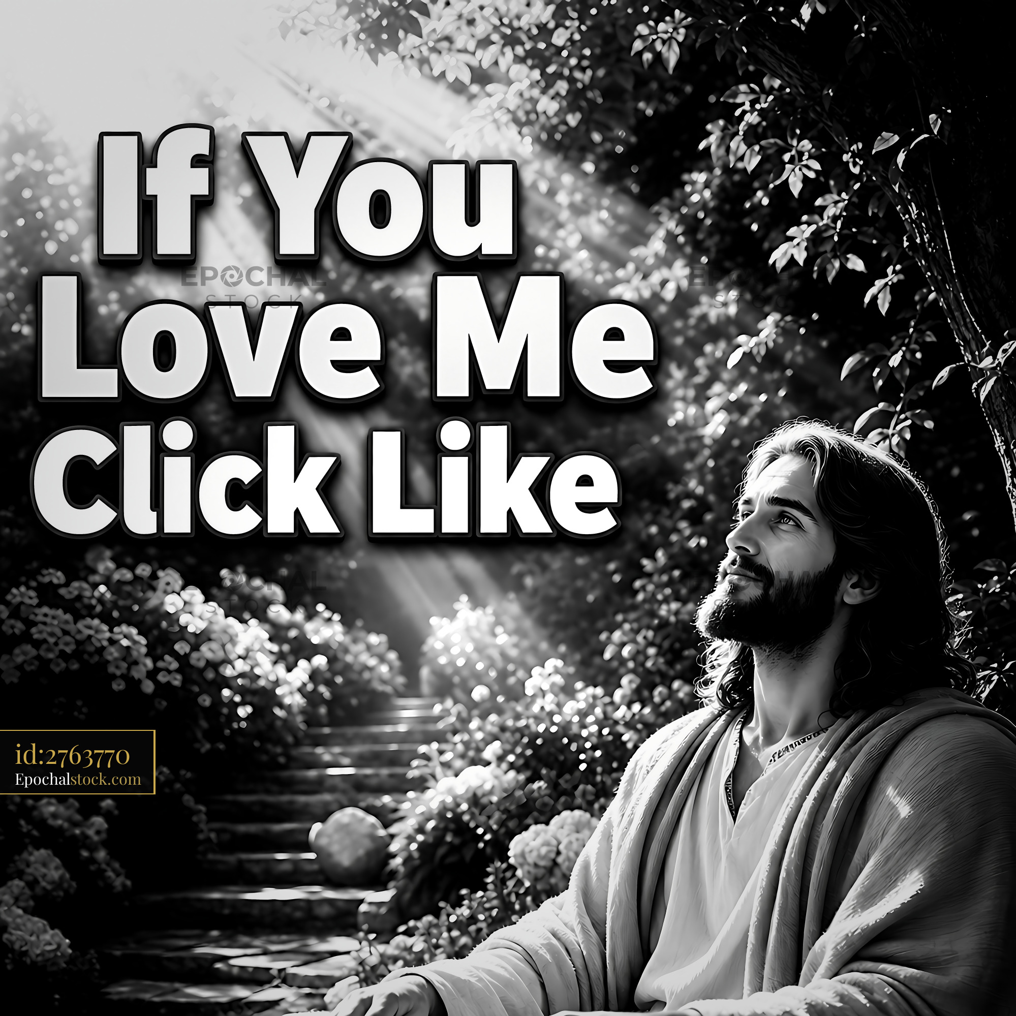Watermarked full-resolution preview of Jesus looking up in nature with light beams shining down