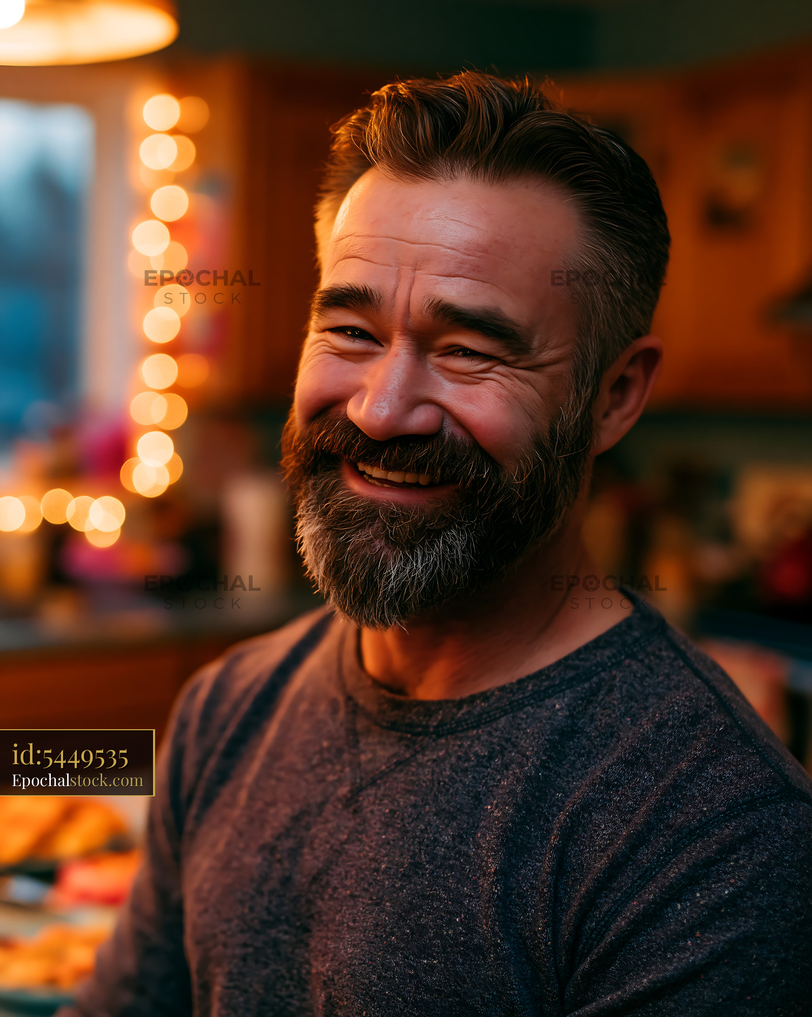 Watermarked full-resolution preview of Man smiling in cozy kitchen with warm lighting