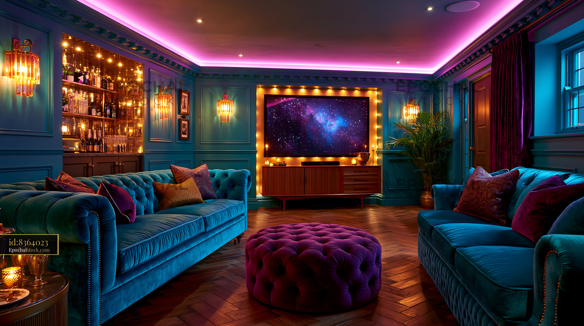 Watermarked full-resolution preview of Modern living room with vibrant colors and stylish decor