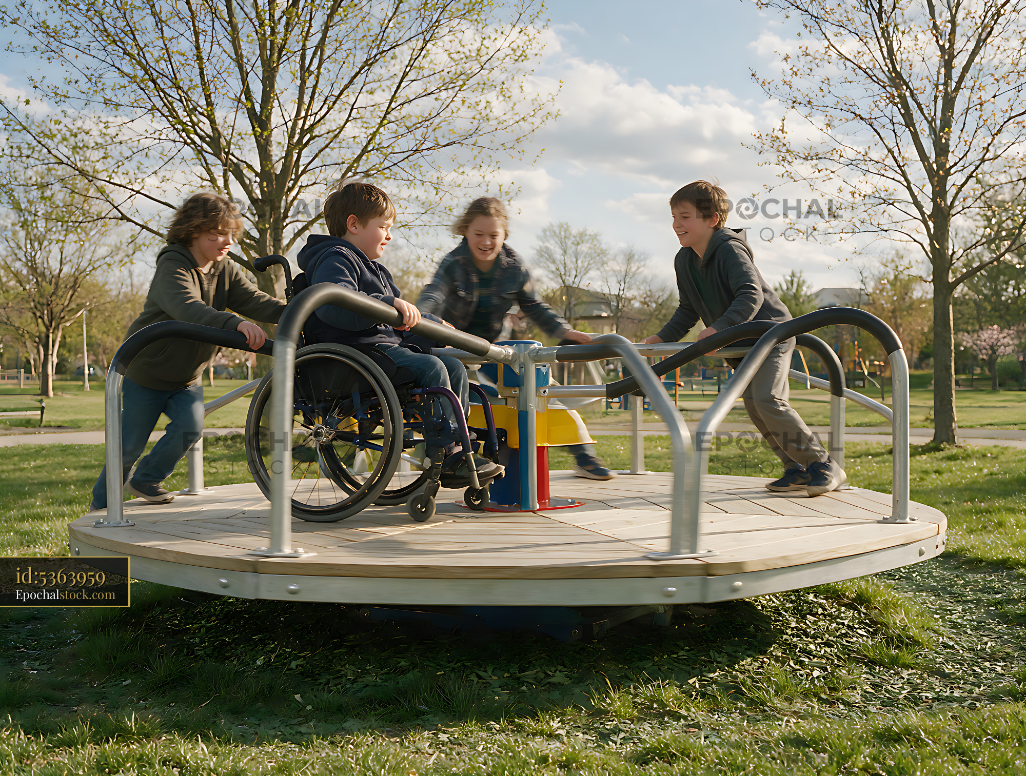 Watermarked full-resolution preview of Inclusive playground fun with children and wheelchair
