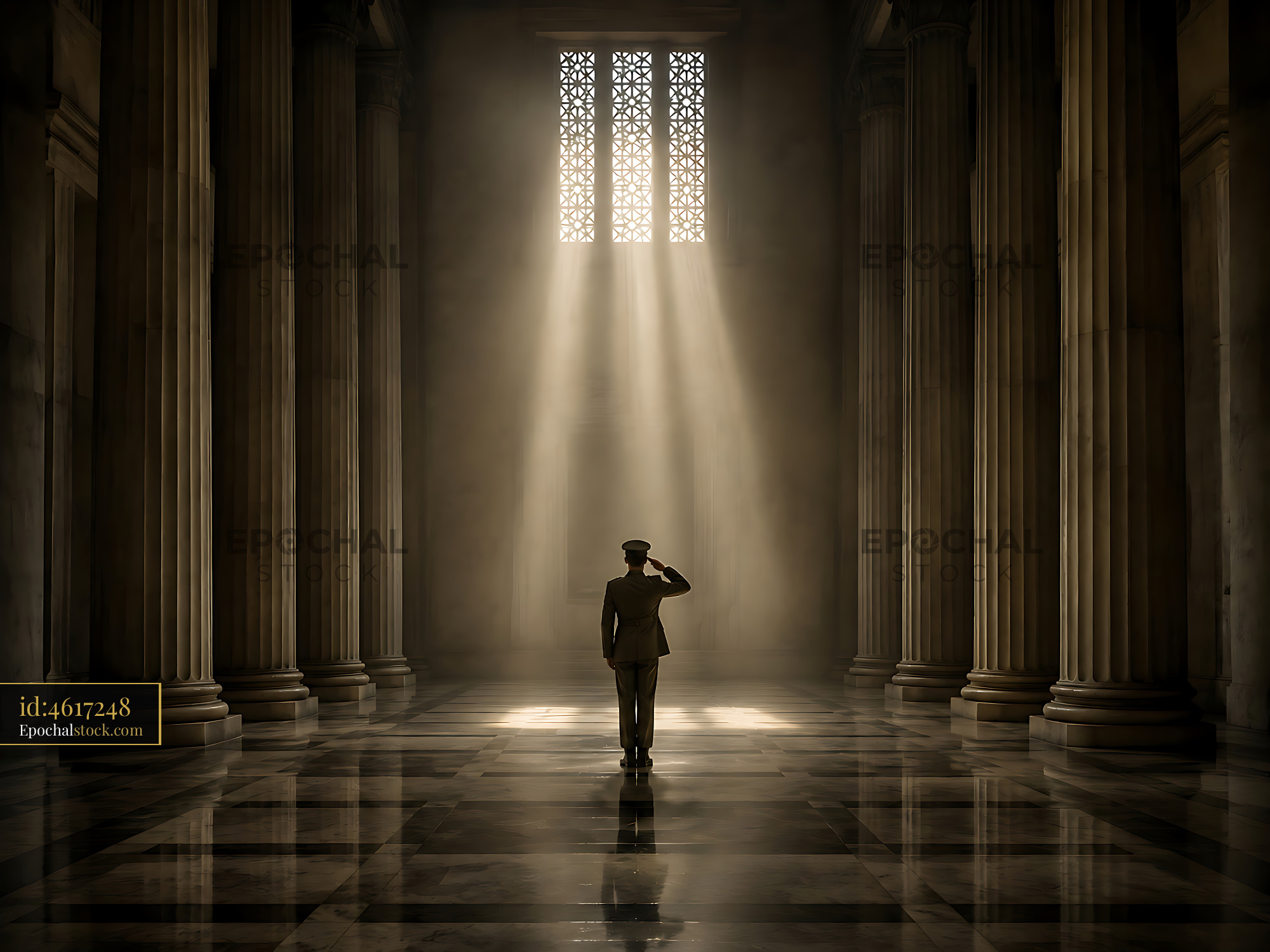 Watermarked full-resolution preview of Man saluting in historic building with pillars and sunlight