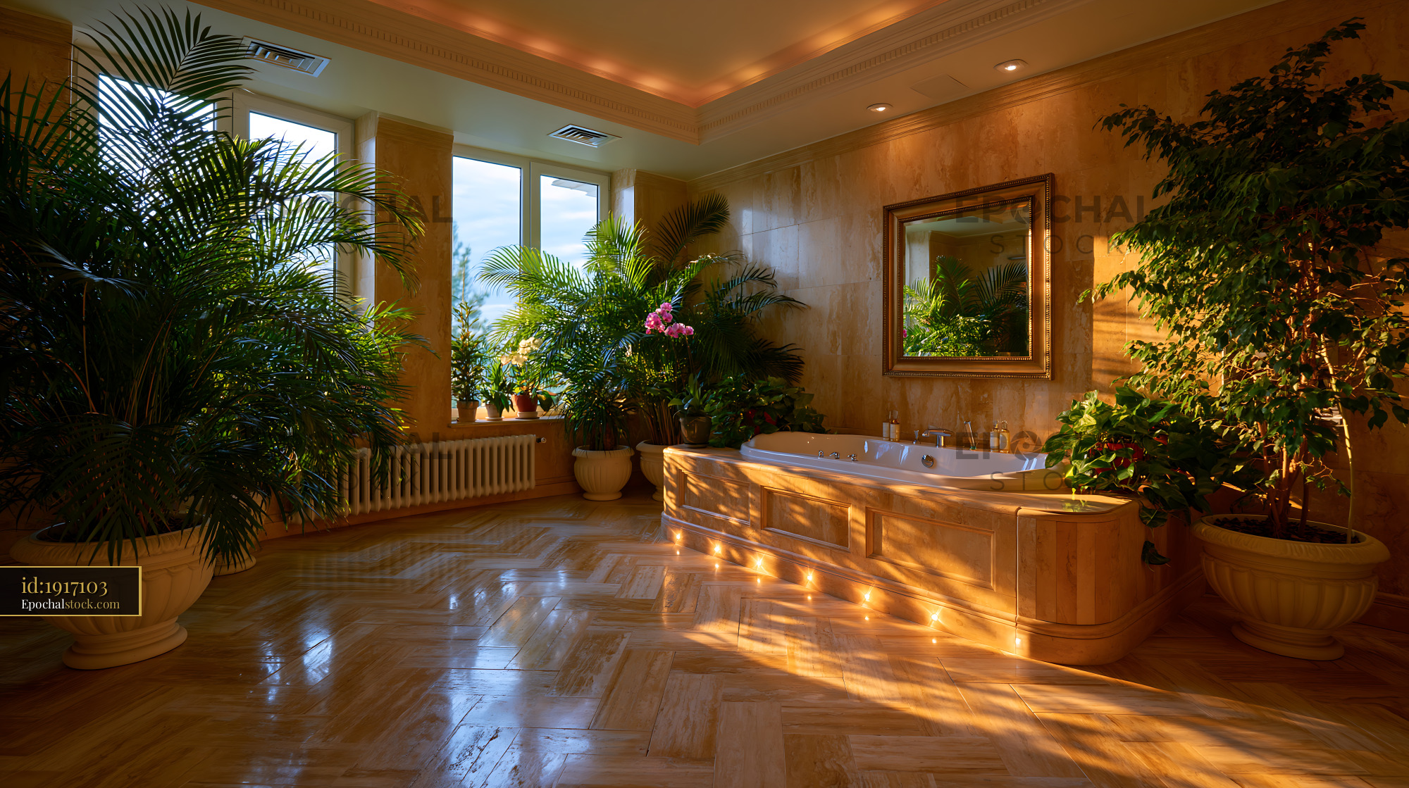 Watermarked full-resolution preview of Luxurious bathroom with plants and natural light