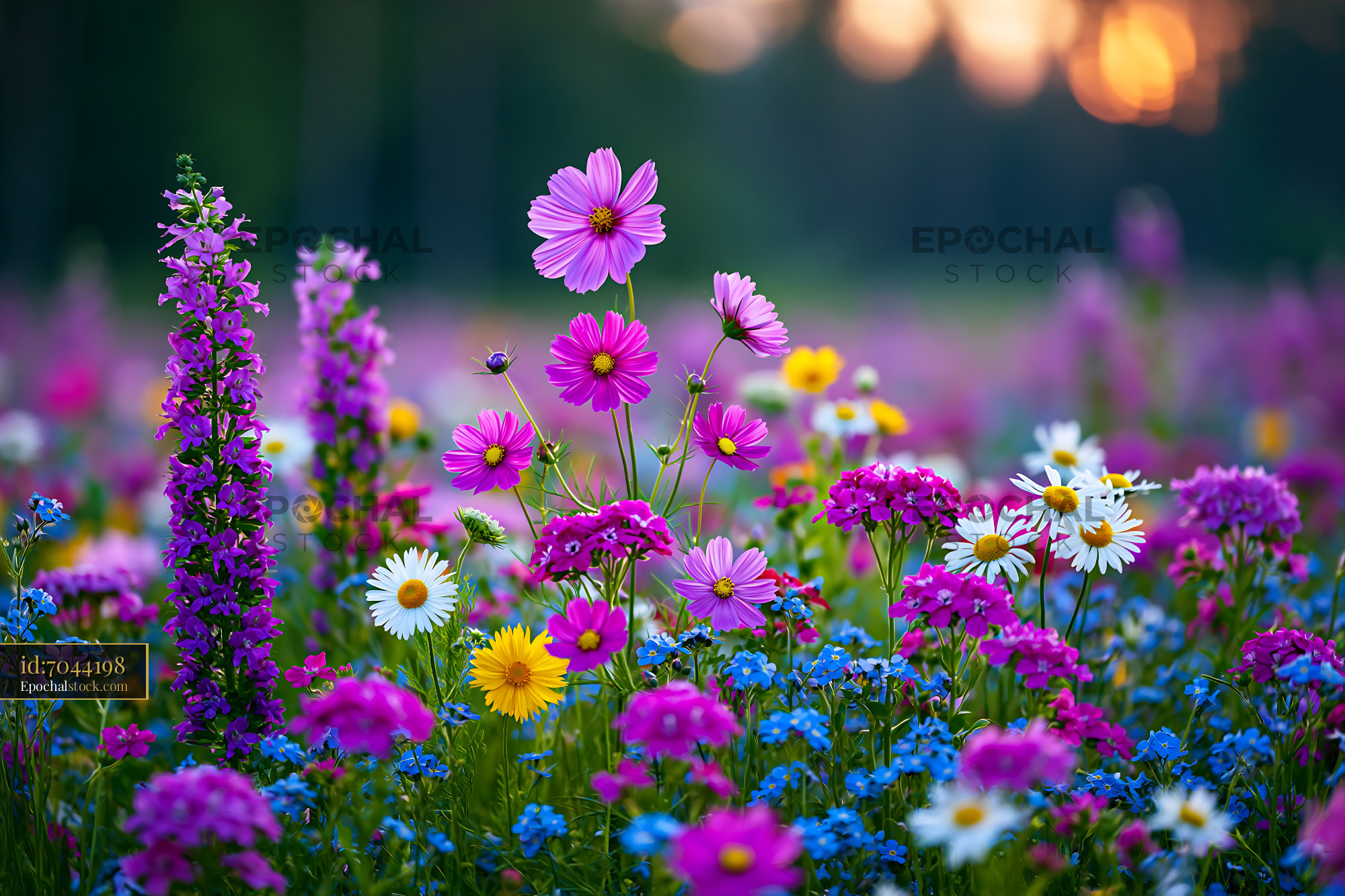 Watermarked full-resolution preview of Colorful wildflower field during sunset