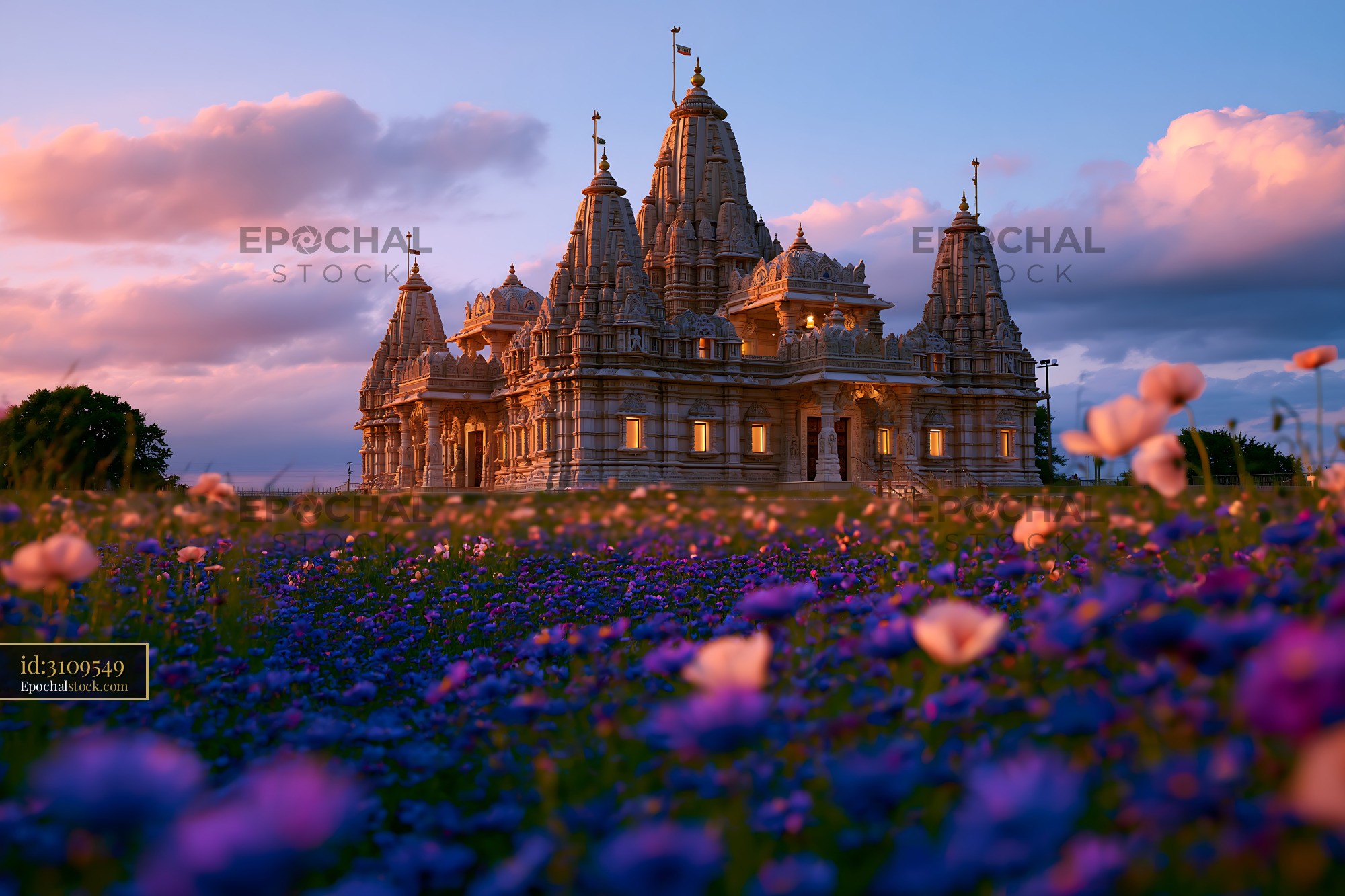 BAPS Temple With Flowers in Foreground During Sunset - stock photo