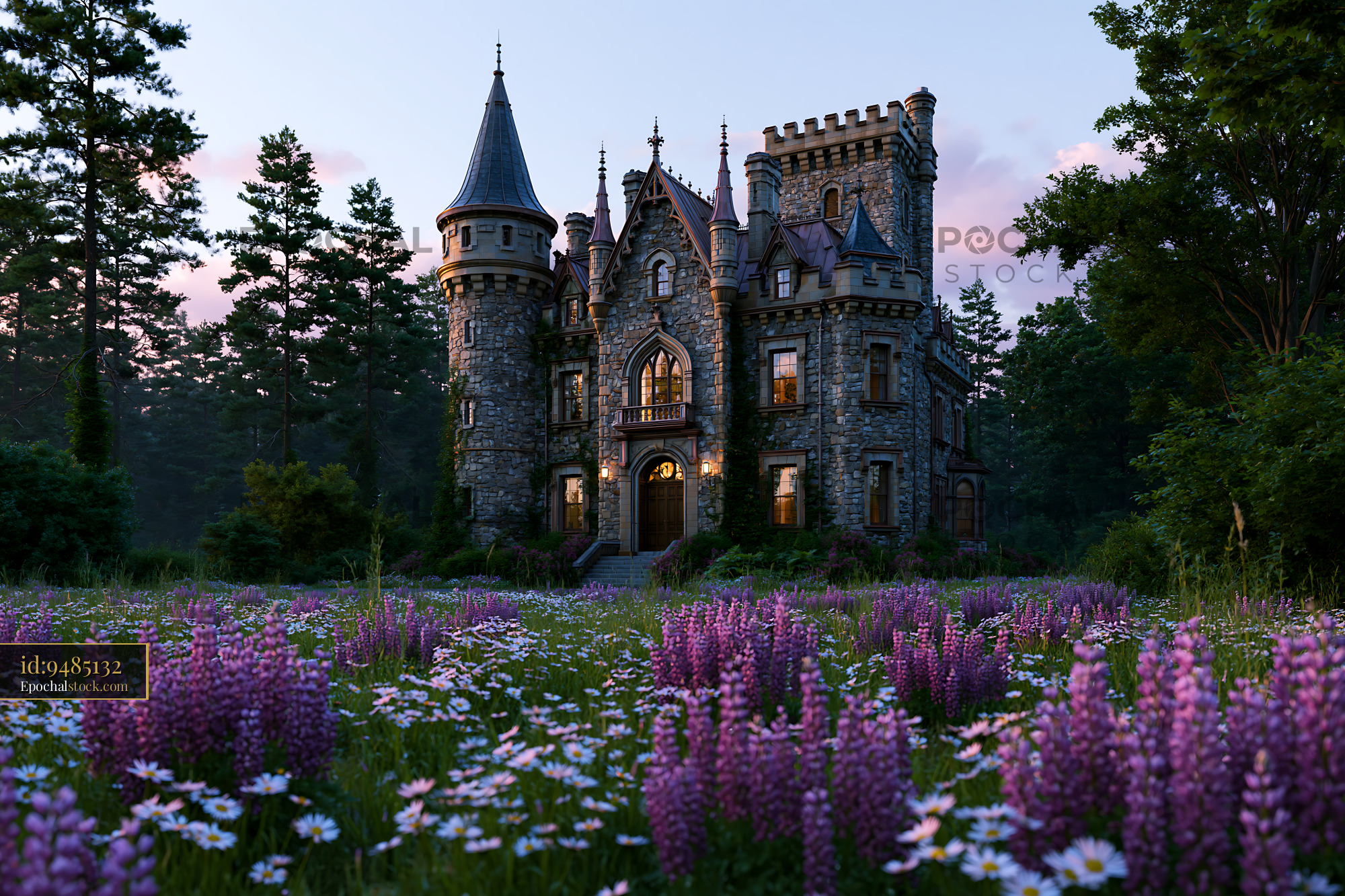 Watermarked full-resolution preview of Historic castle surrounded by flowers at dusk
