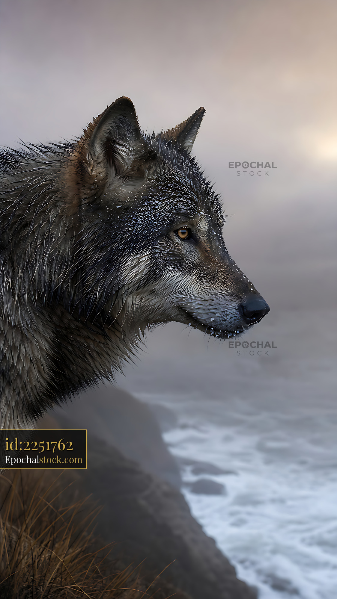 Watermarked full-resolution preview of Wolf standing by the ocean at sunset