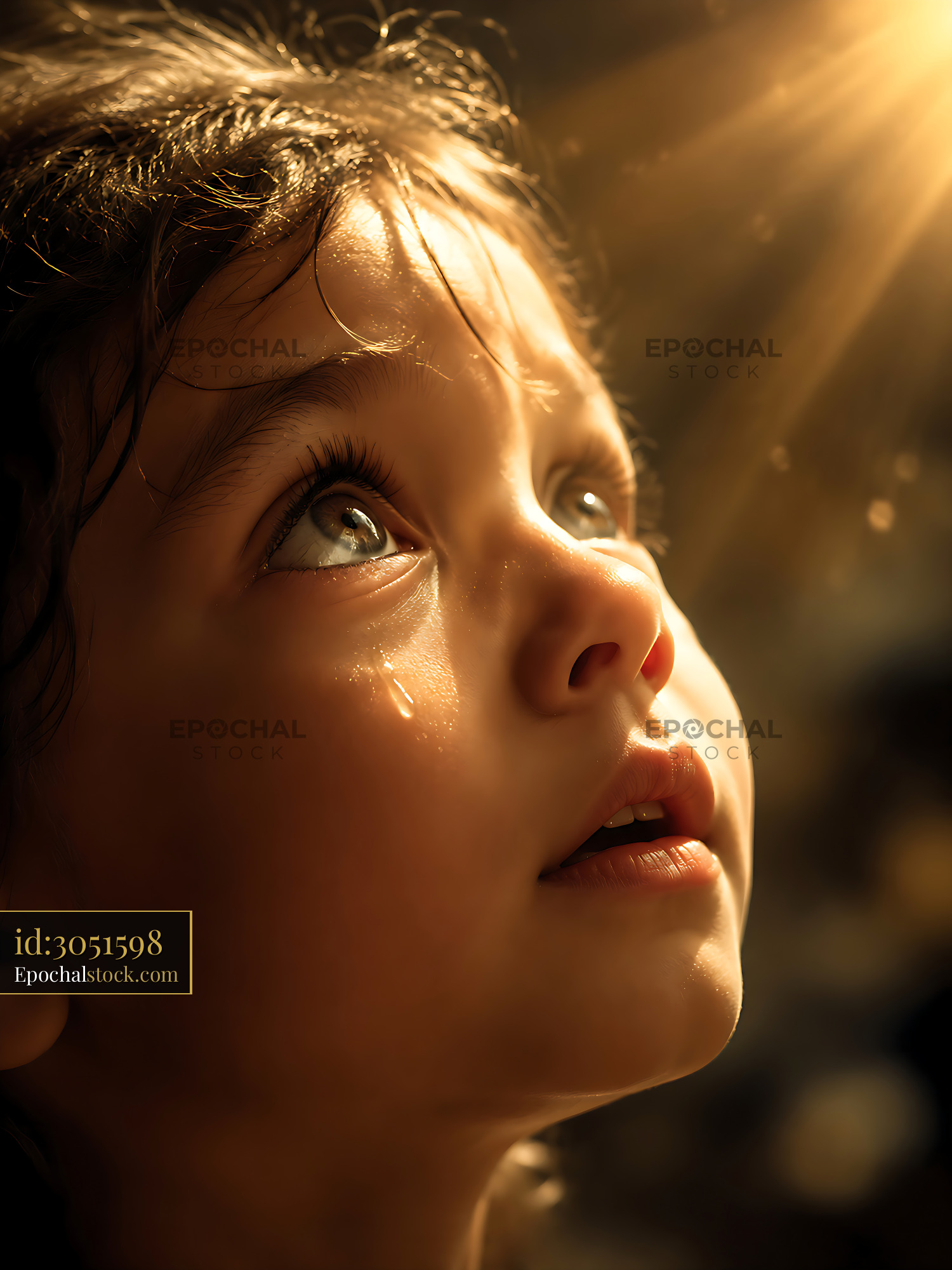 Child Looks up With Curiosity in Soft Light at Golden Hour - stock photo