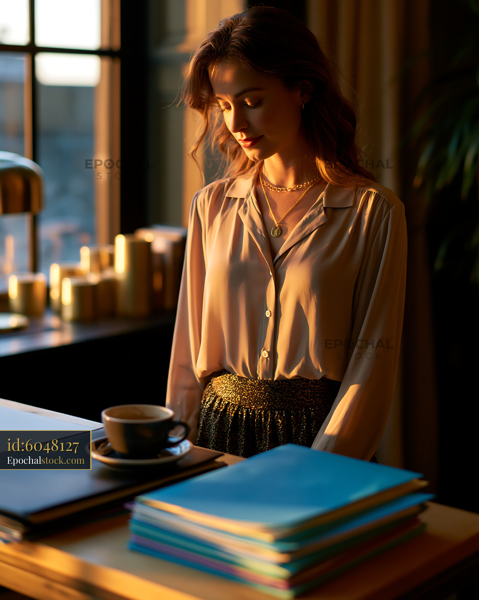 Watermarked full-resolution preview of Woman stands in office during sunset with coffee and folders
