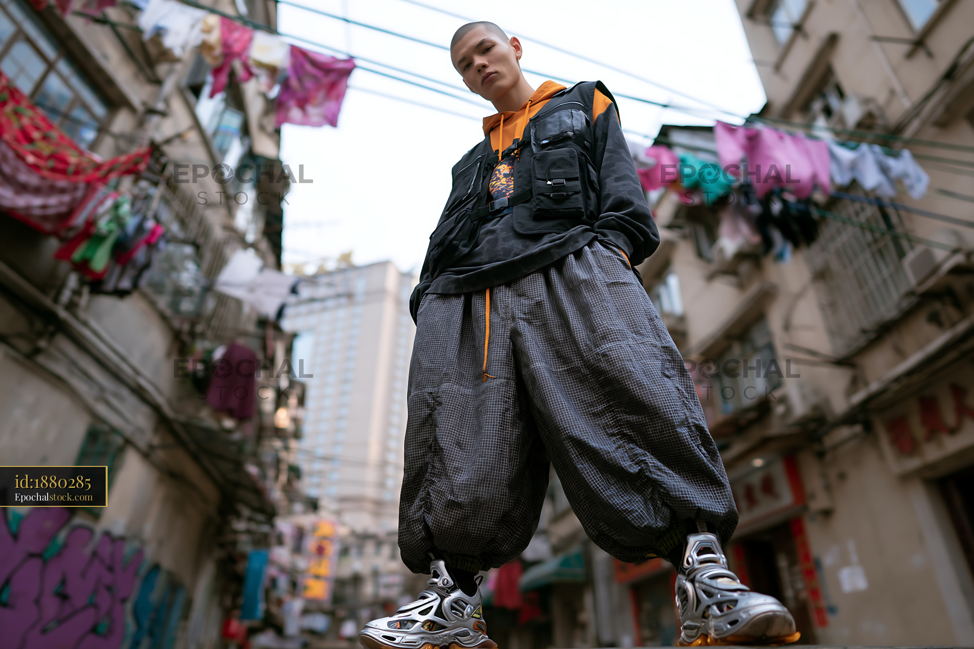 Watermarked full-resolution preview of Urban fashion model stands in street with laundry in background