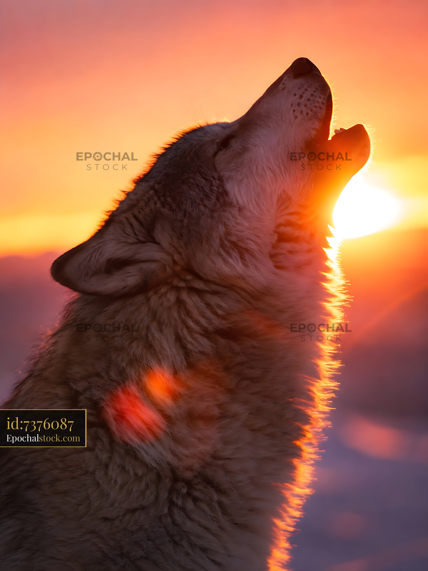 Watermarked full-resolution preview of Wolf howling against a sunset backdrop