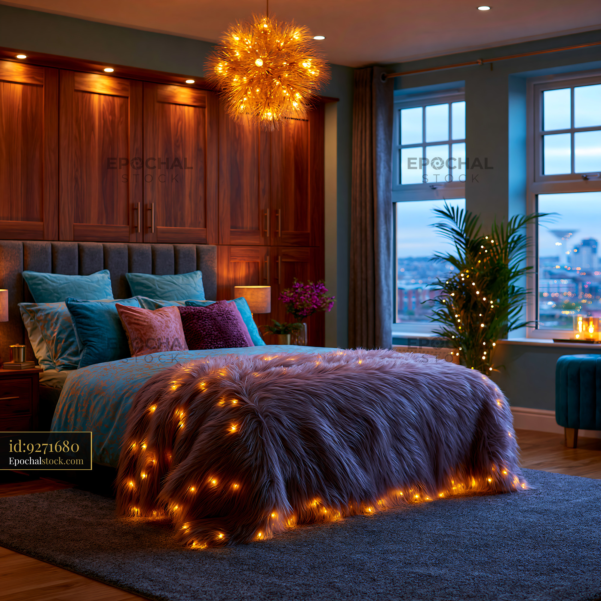 Modern Bedroom Design With Integrated Wardrobe and Cozy Decor - stock photo