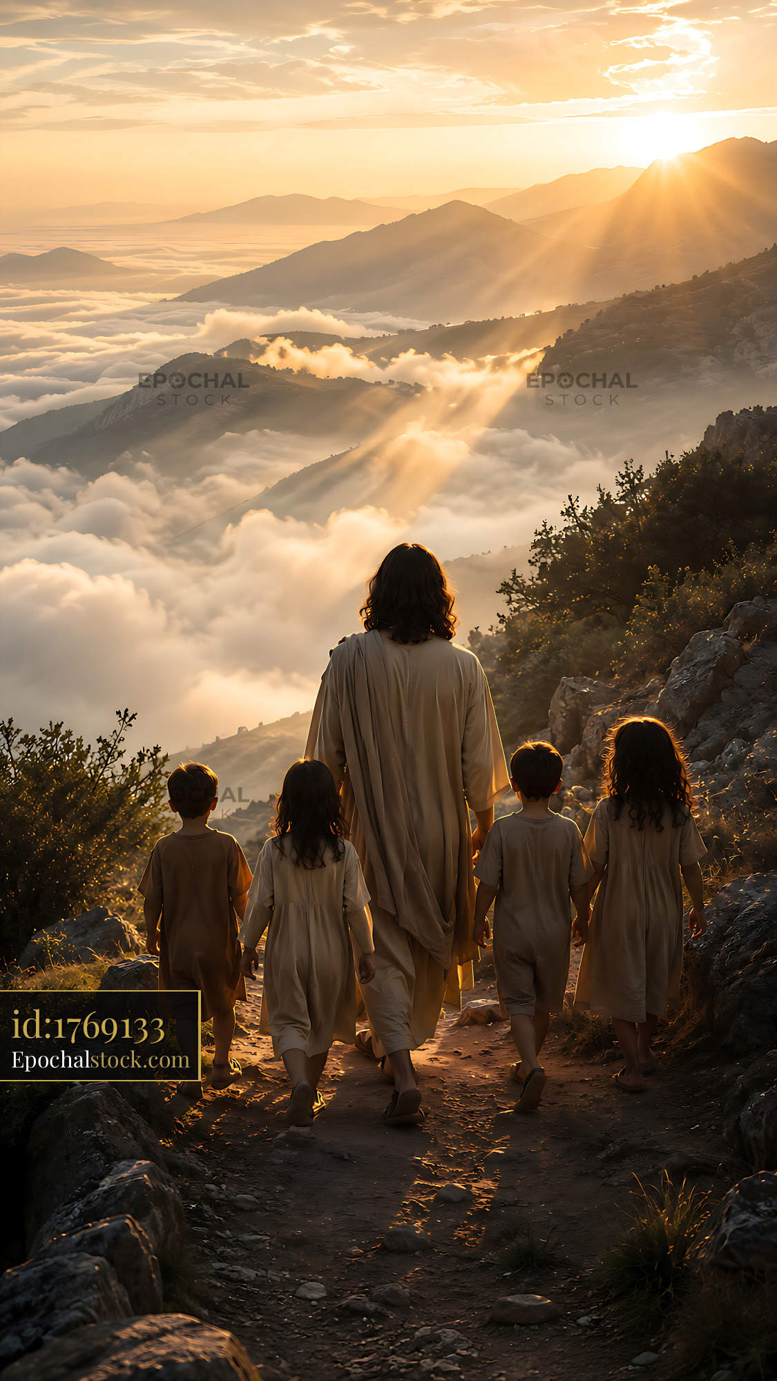Person Walking With Children on a Mountain Path at Sunset - stock photo