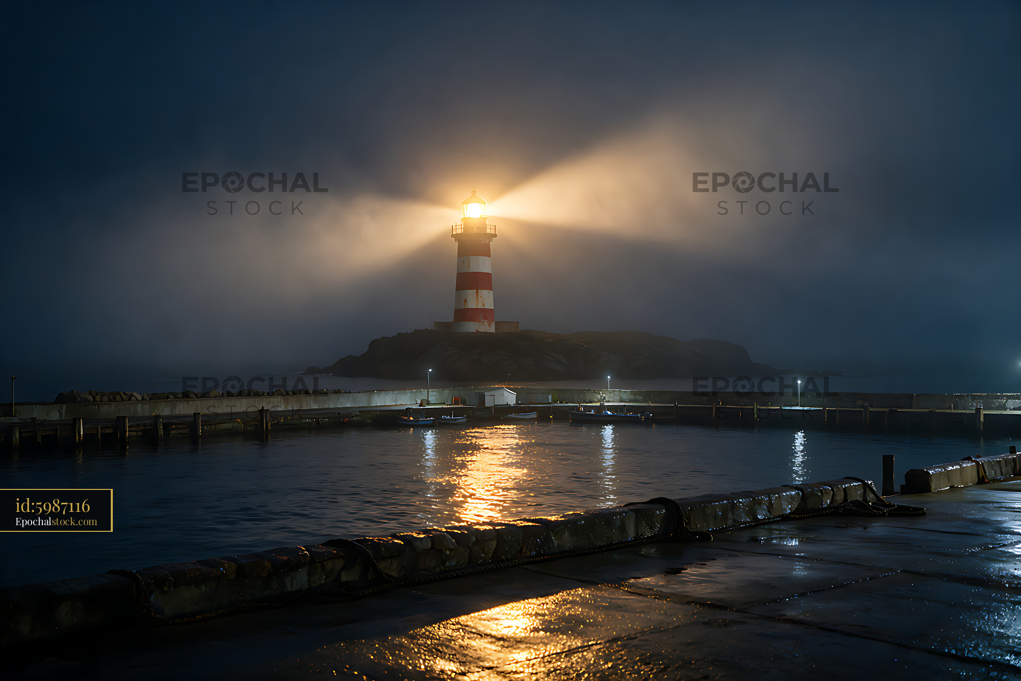 Lighthouse stands in heavy ocean fog with light beam shining - stock photo