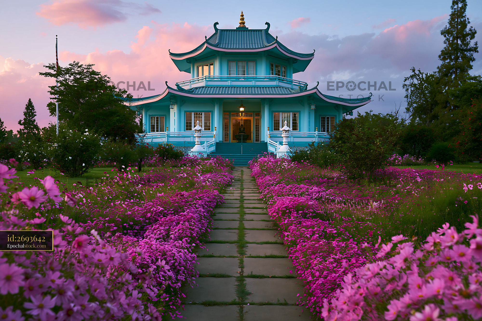 Watermarked full-resolution preview of Beautiful temple surrounded by flowers at sunset