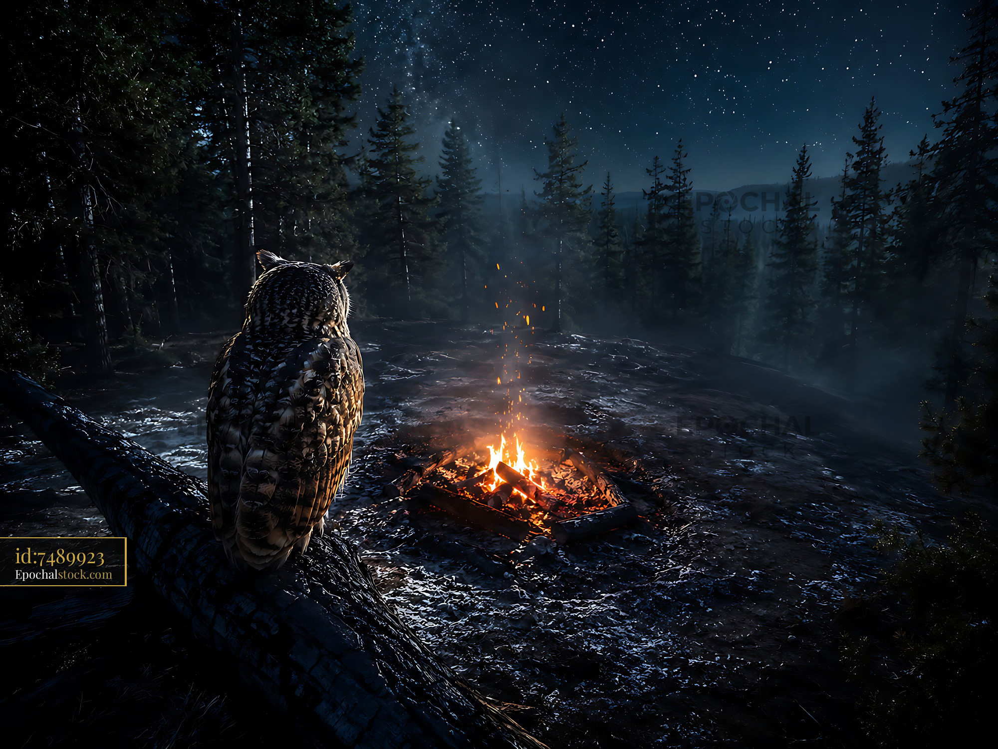 Watermarked full-resolution preview of Owl watches over a campfire in a dark forest at night