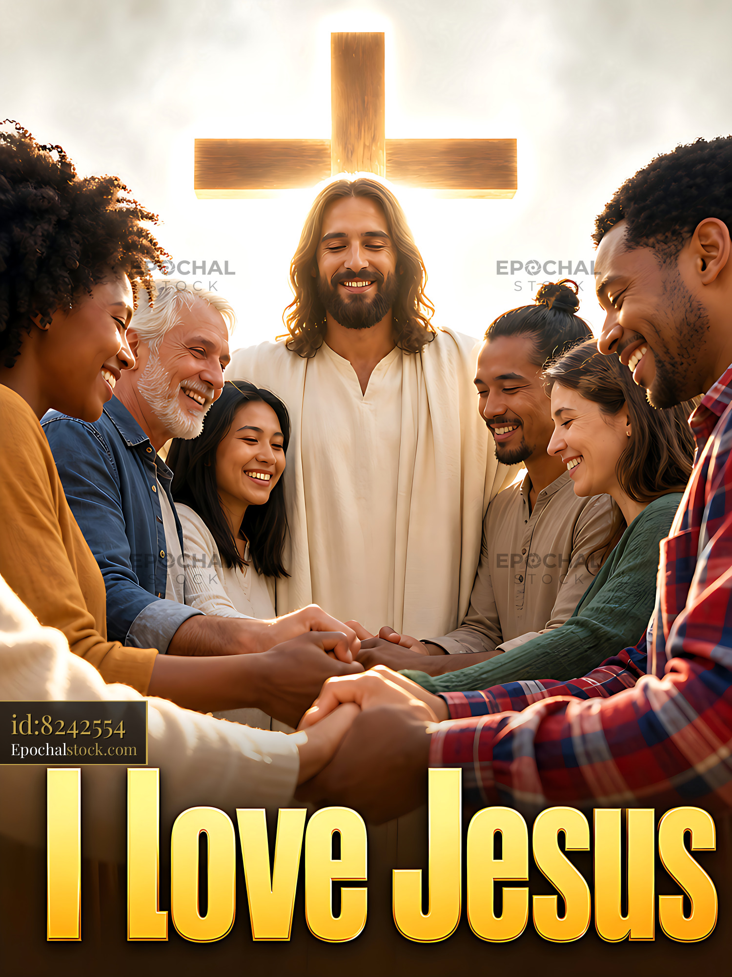Watermarked full-resolution preview of Group of people smiling and holding hands in front of cross