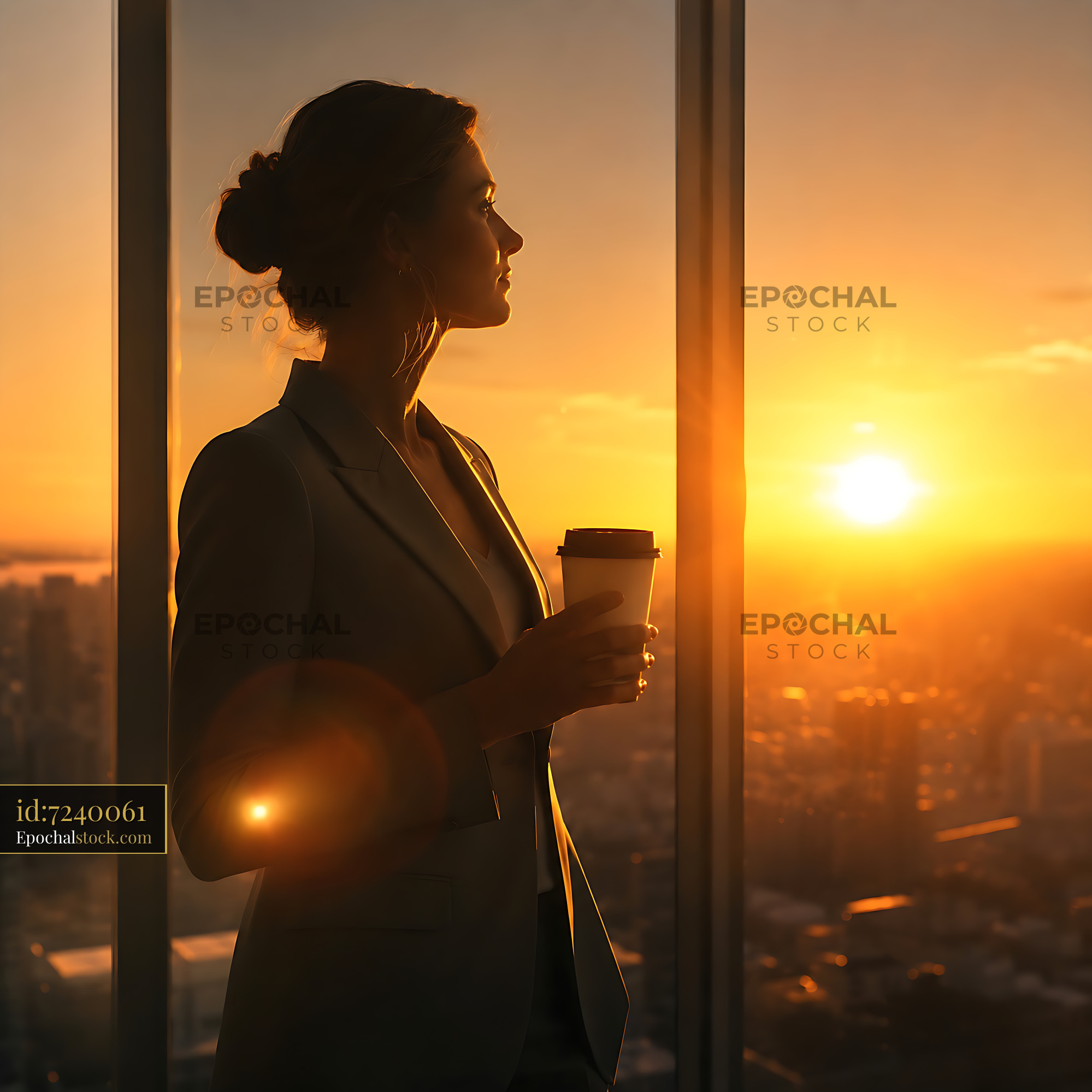 Watermarked full-resolution preview of Woman holding coffee overlooking city at sunset