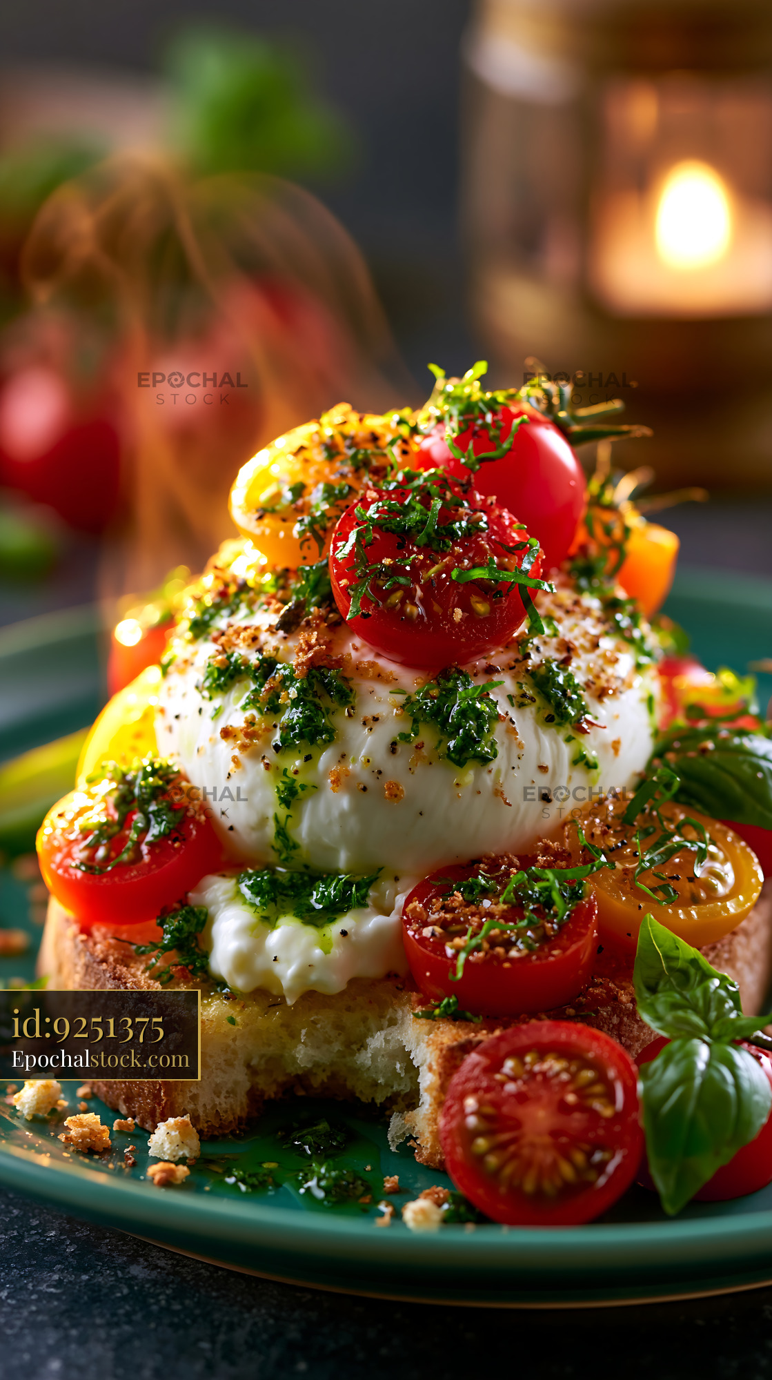 Watermarked full-resolution preview of Creamy burrata toast topped with tomatoes and herbs