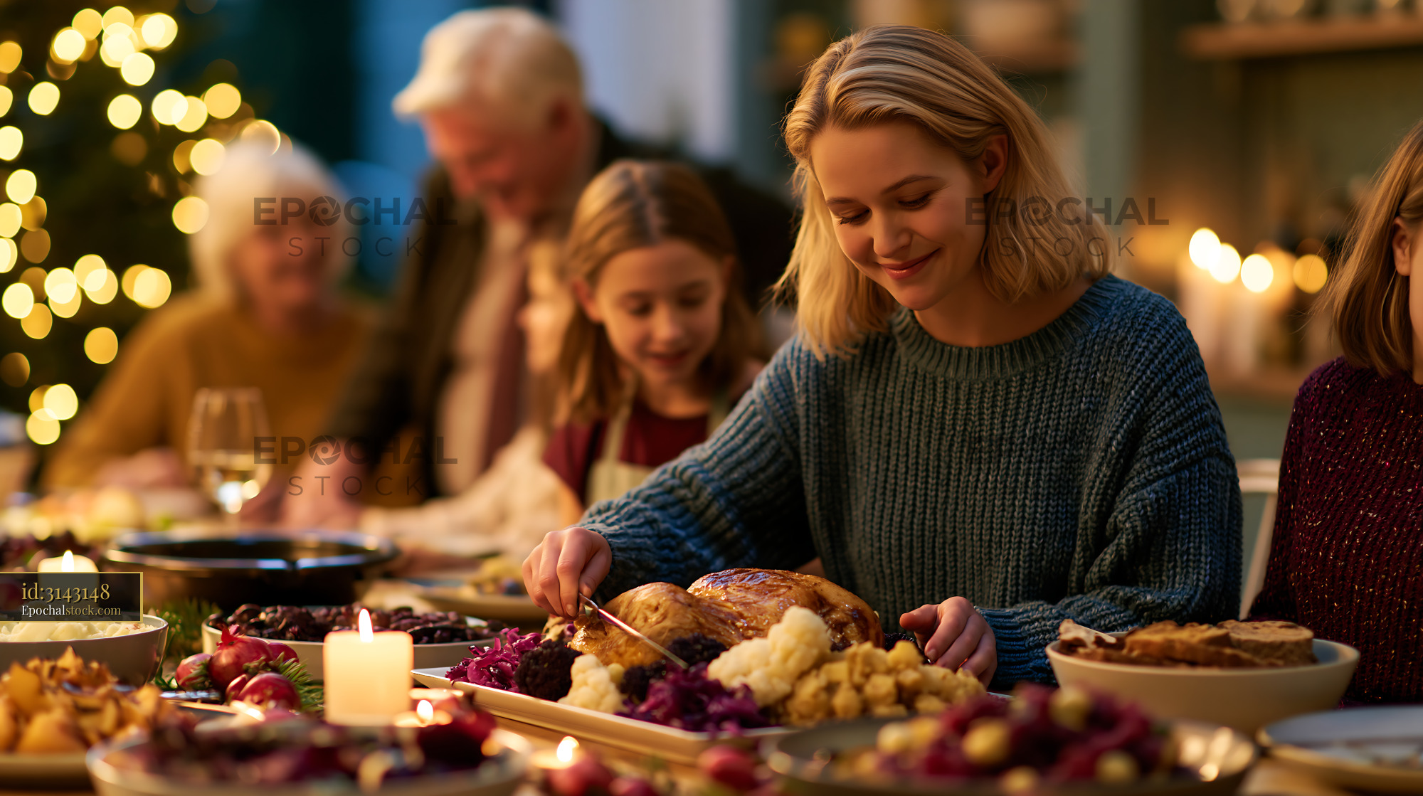 Watermarked full-resolution preview of Family gathers around table to enjoy holiday dinner