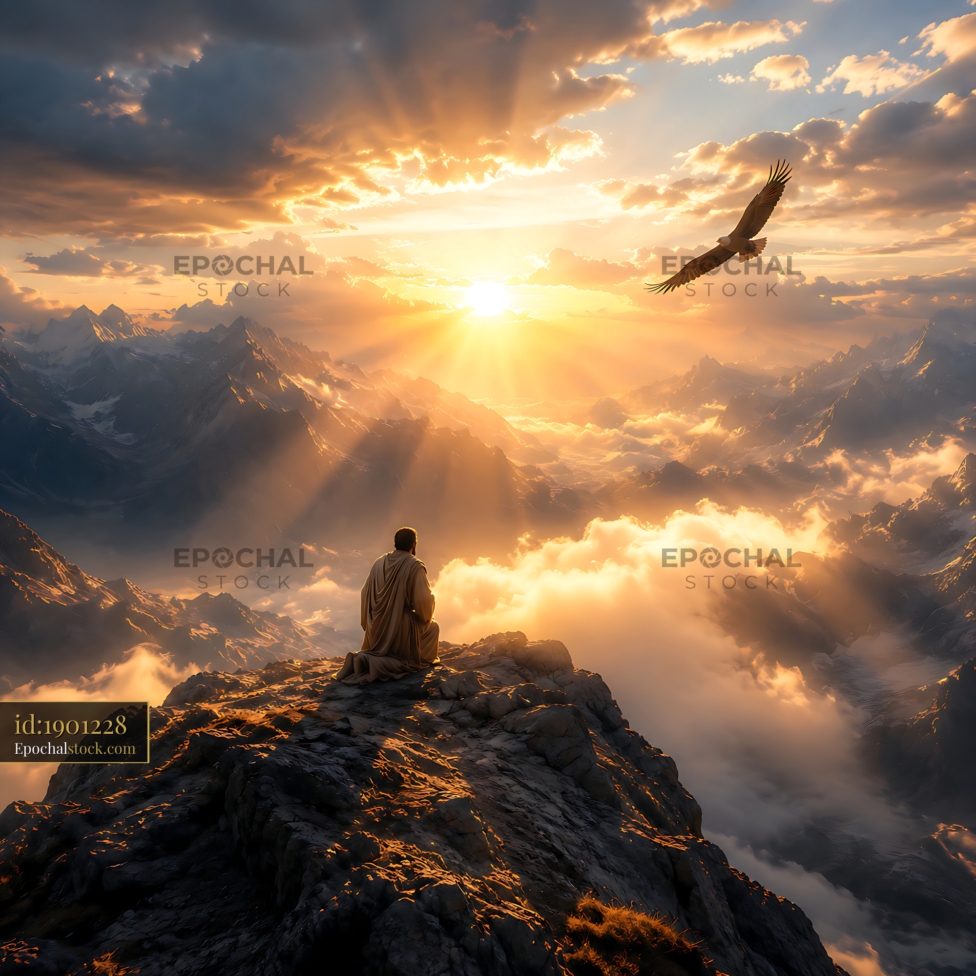 Watermarked full-resolution preview of Sunset view from mountain peak with figure and eagle soaring